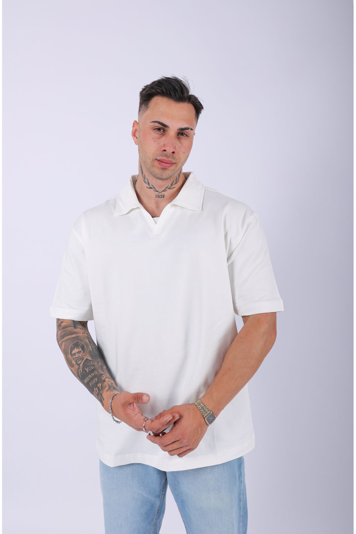 Lescho UNISEX POLO YAKA DÜZ EKRU OVERSIZE T-SHIRT