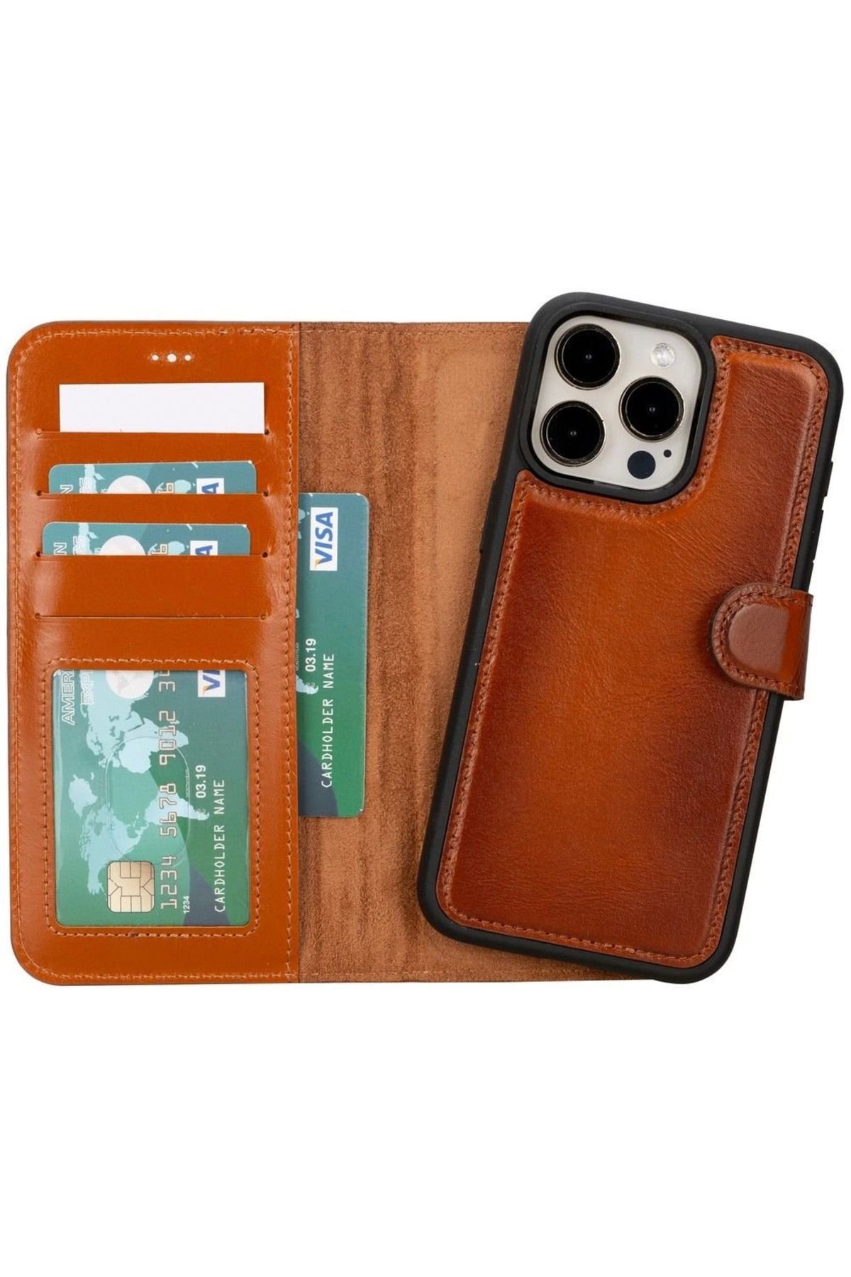 feifei Apple iPhone 15 Pro Max Uyumlu Deri Cüzdanlı Kılıf MWWN RST2EF Taba