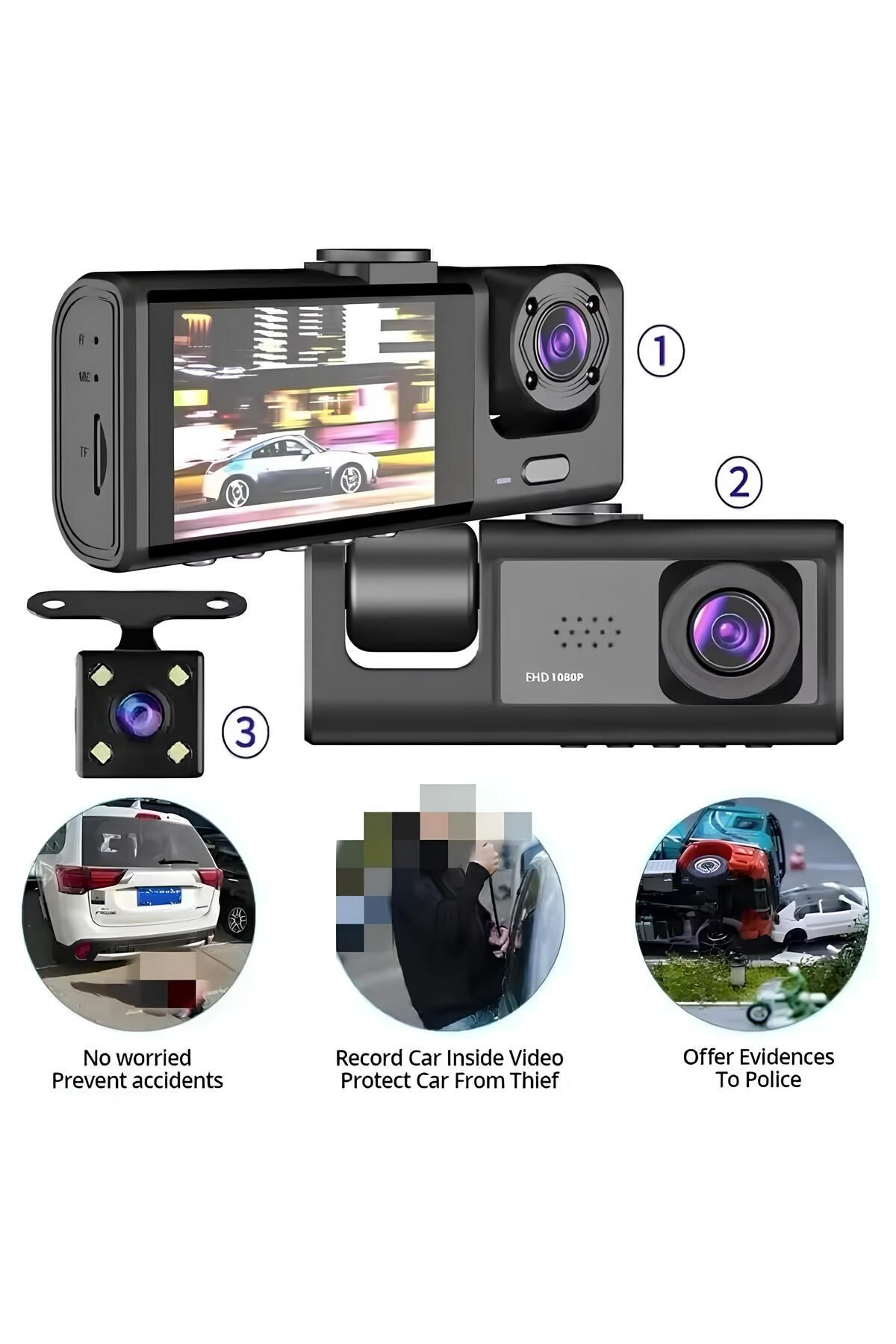 NOMTEKNO Araç Kamerası 1296P Full HD Gece Görüşlü Trafik Kayıt Cihazı 3KAMERA ARAÇ İÇİ DIŞ ÖN VE ARKA