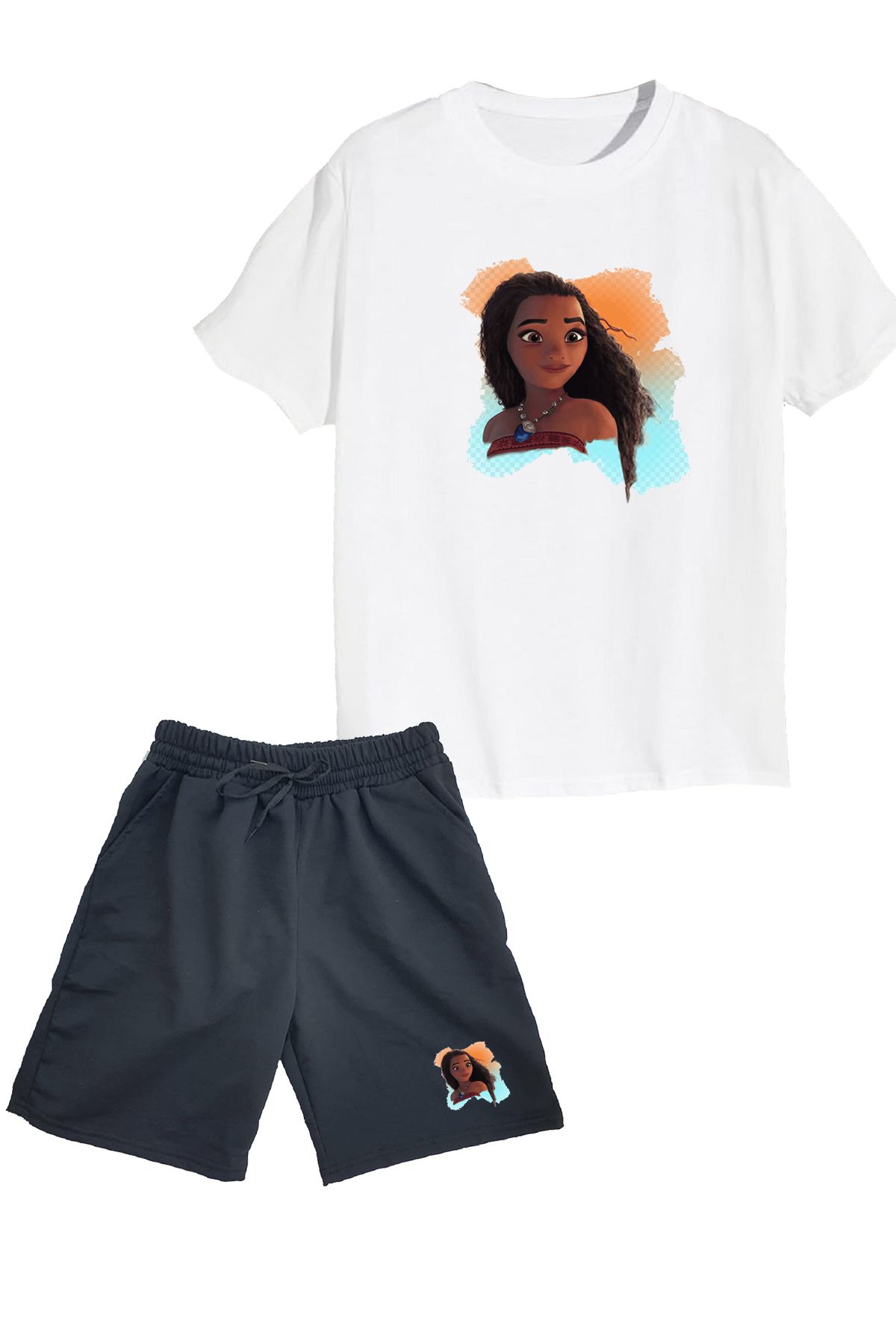 makiteks 2'li Set Baskılı Kız Çocuk Pamuk Şort Tshirt Takım Moana 5 6 7 8 9 10 11 12 13 14 yaş Tişört