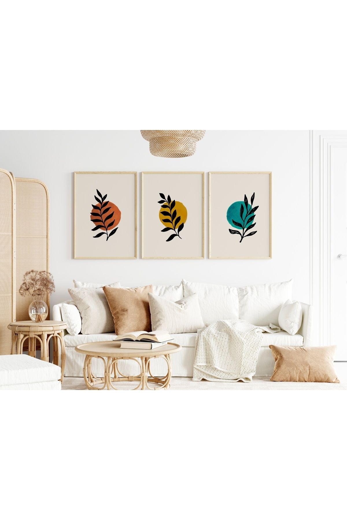 Pi Dekorasyon Çerçeveli 3'lü Tablo Seti - Minimalist Yapraklar - Rd-02