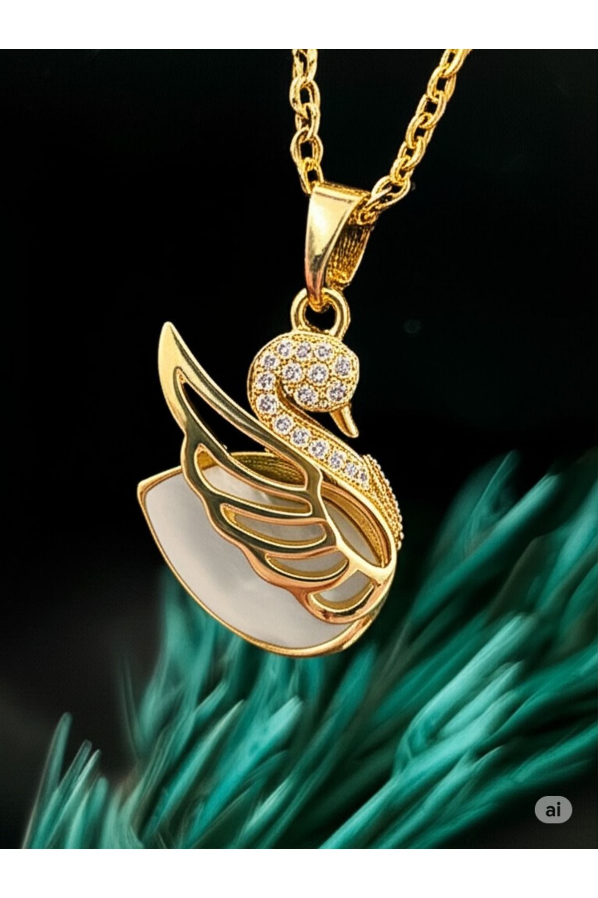 KANERUZ Gold Renk Zirkon Taşlı Çelik Kuğu Kolye