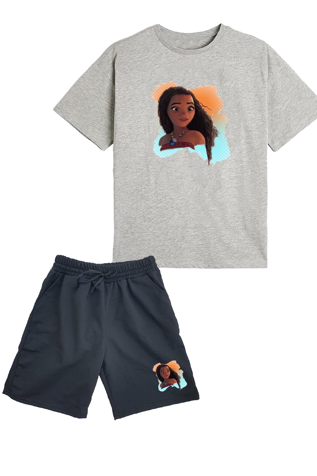 makiteks 2'li Set Baskılı Kız Çocuk Pamuk Şort Tshirt Takım Moana 5 6 7 8 9 10 11 12 13 14 yaş Tişört