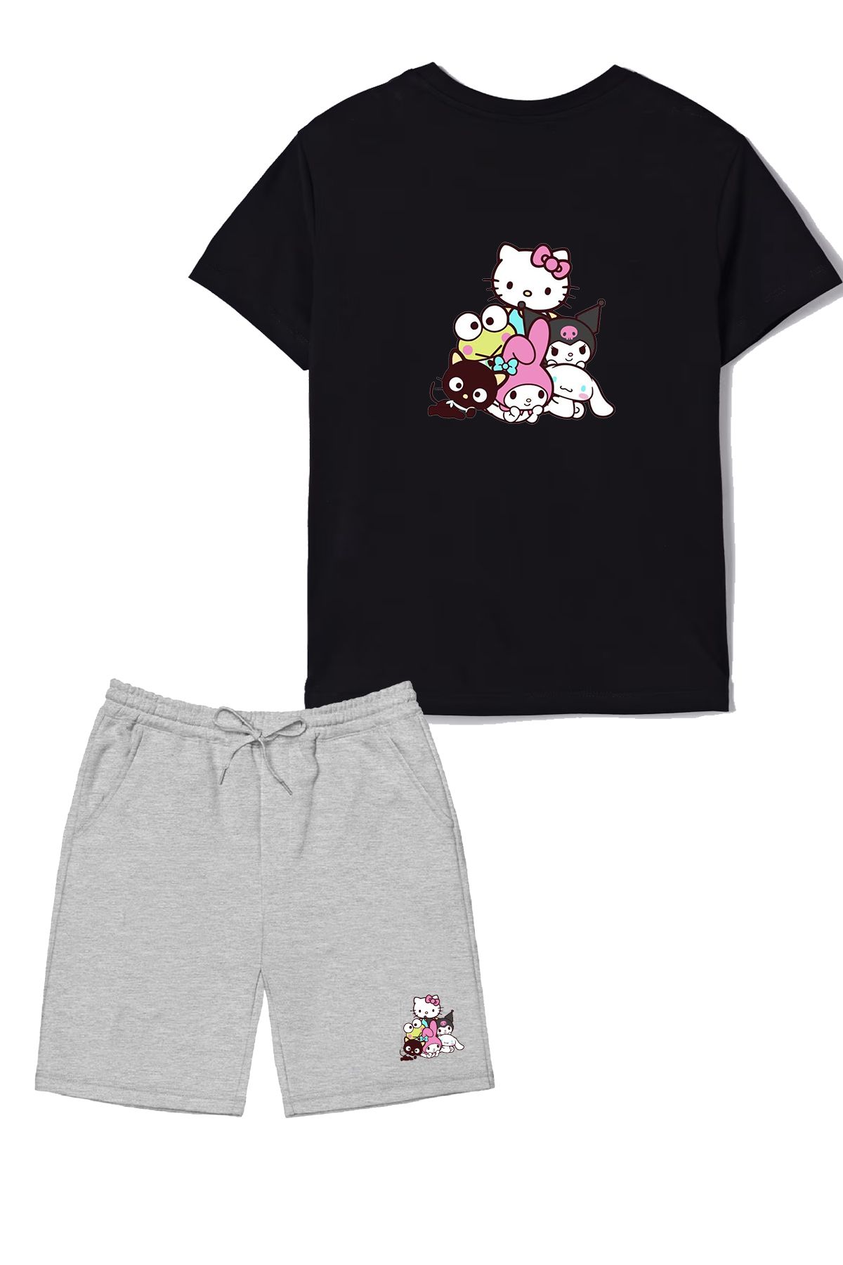 makiteks 2'li Set Baskılı Kız Çocuk Pamuk Şort Tshirt Takım Kuromi HKitty 5 6 7 8 9 10 11 12 13 14 yaş Tişört