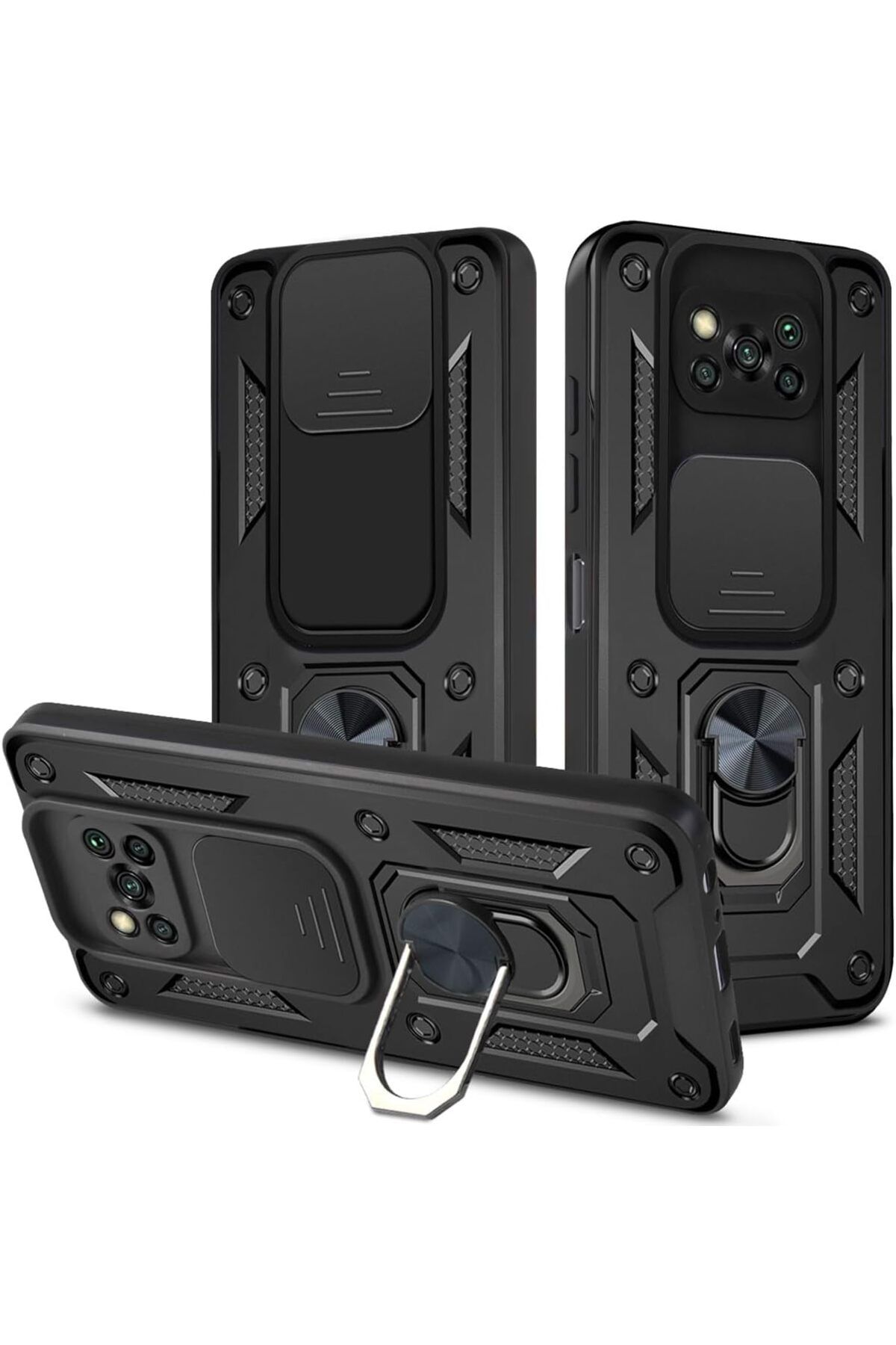 Rivor Xiaomi Poco X3 & Poco X3 Pro Kılıf Kamera Sürgülü Standlı Yüzüklü Darbe Emici Koruyucu Tank Kapak