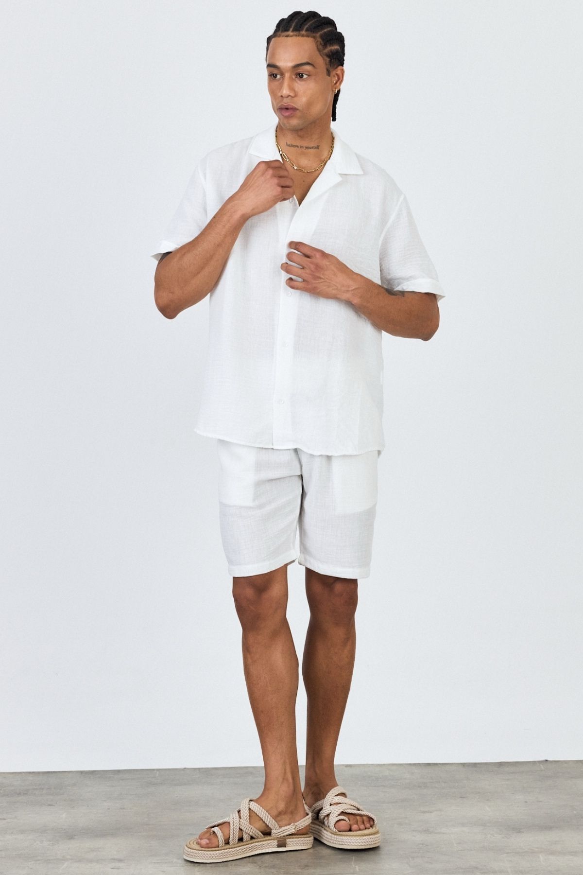 MADZEYMODA-Premium Men's Woven Shirt & Shorts White Bottom Top Set Ls-5605 2