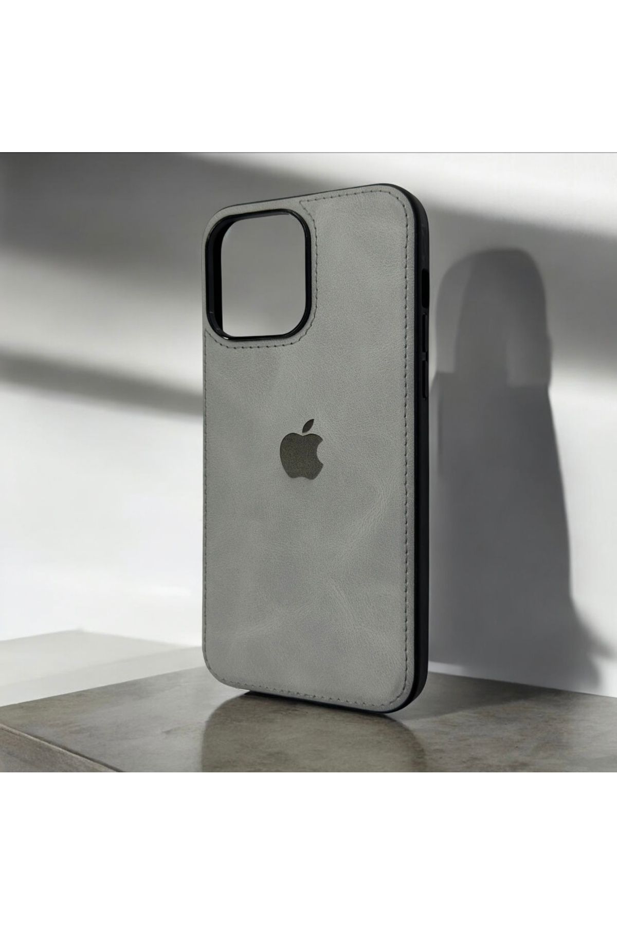 shop İPhone 14 Pro Max Gri Deri Logolu Cep Telefonu Kılıfı