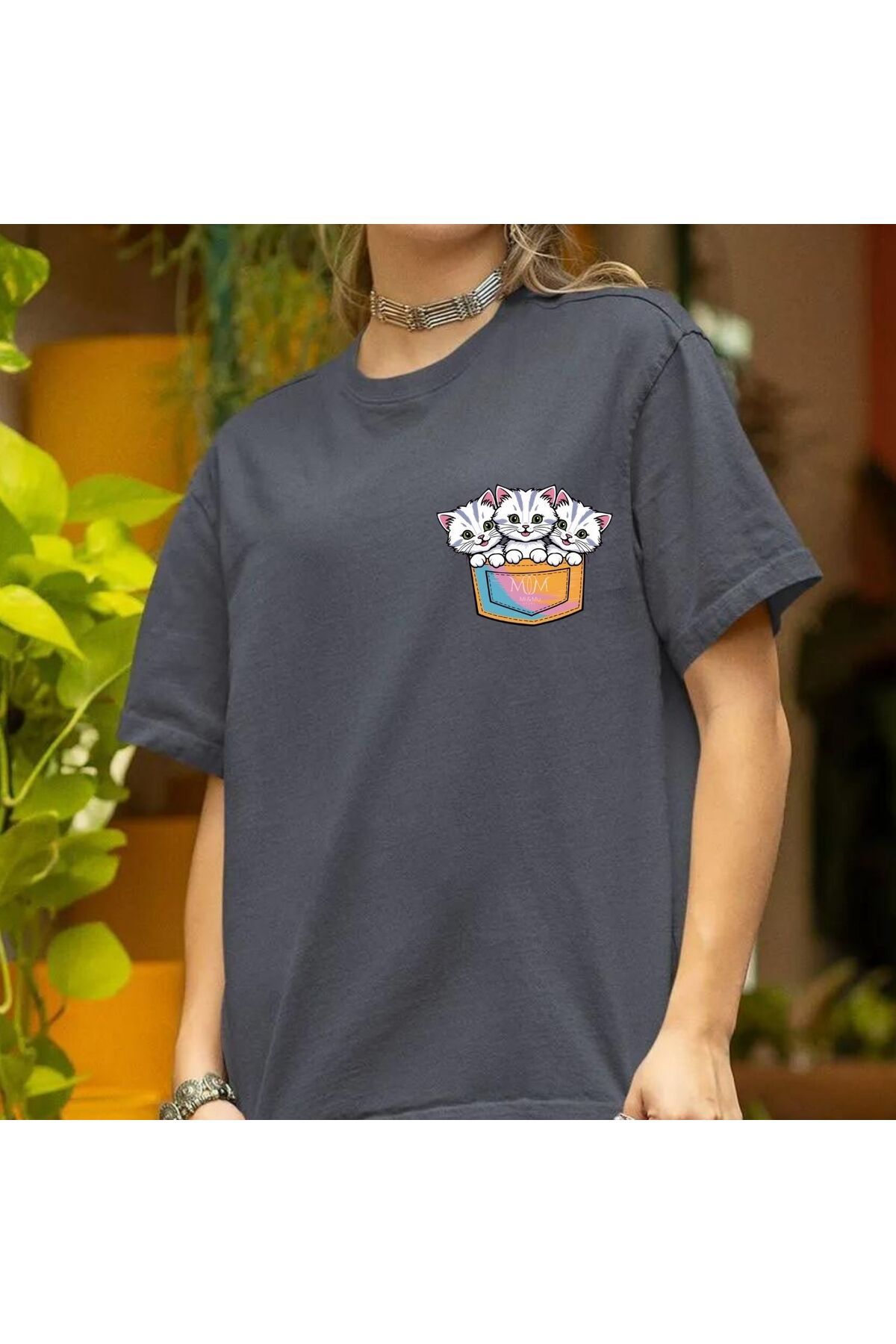Mi&Mu Store Süprem Unisex T-Shirt Bisiklet Yaka Küçük Sevimli Kediler Baskılı Regular Pamuk Basic T-Shirt