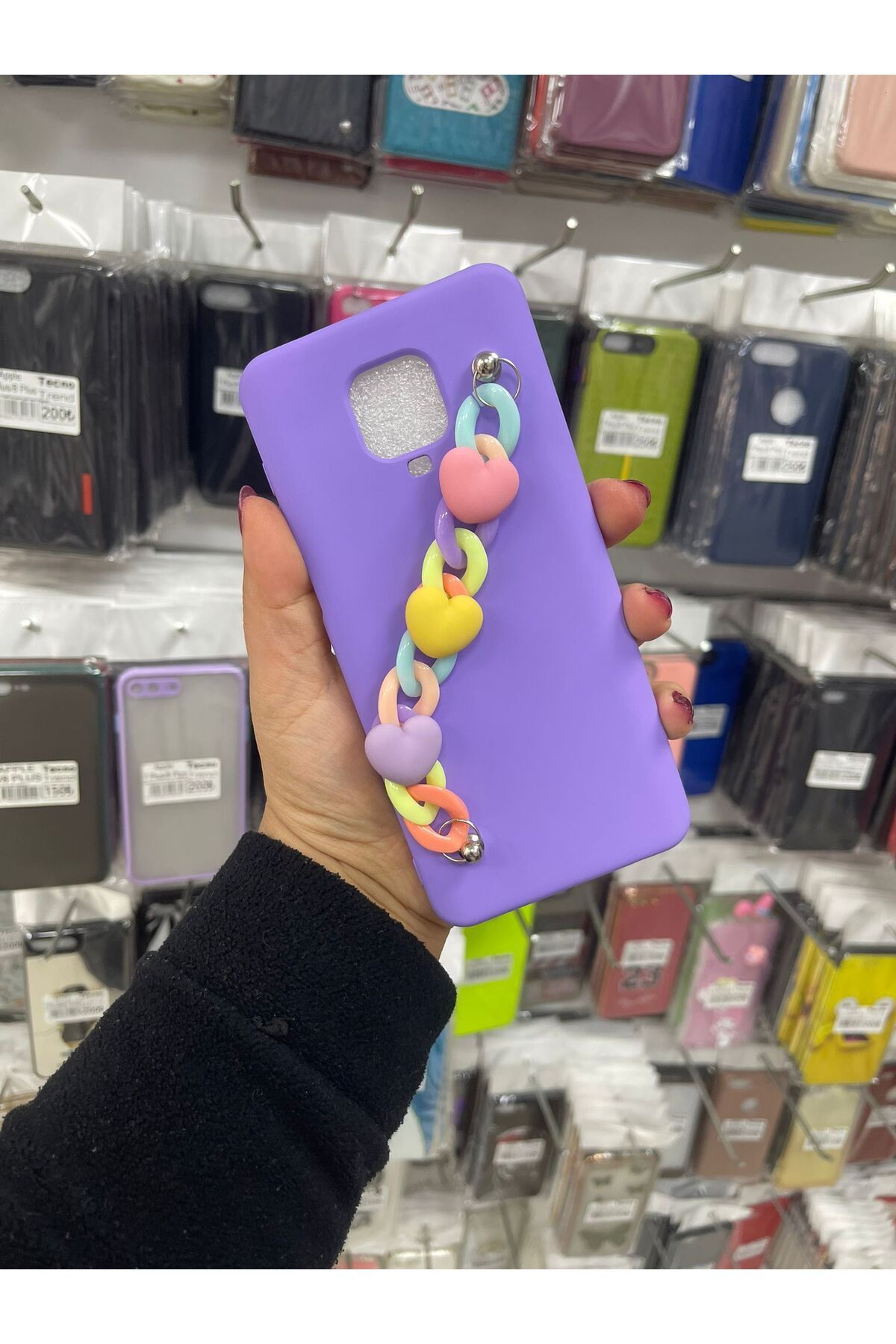 TECNOTREND Redmi Note 9 Pro/Note 9s Uyumlu kalpli boncuklu el tutamalı lansman silikon kılıf