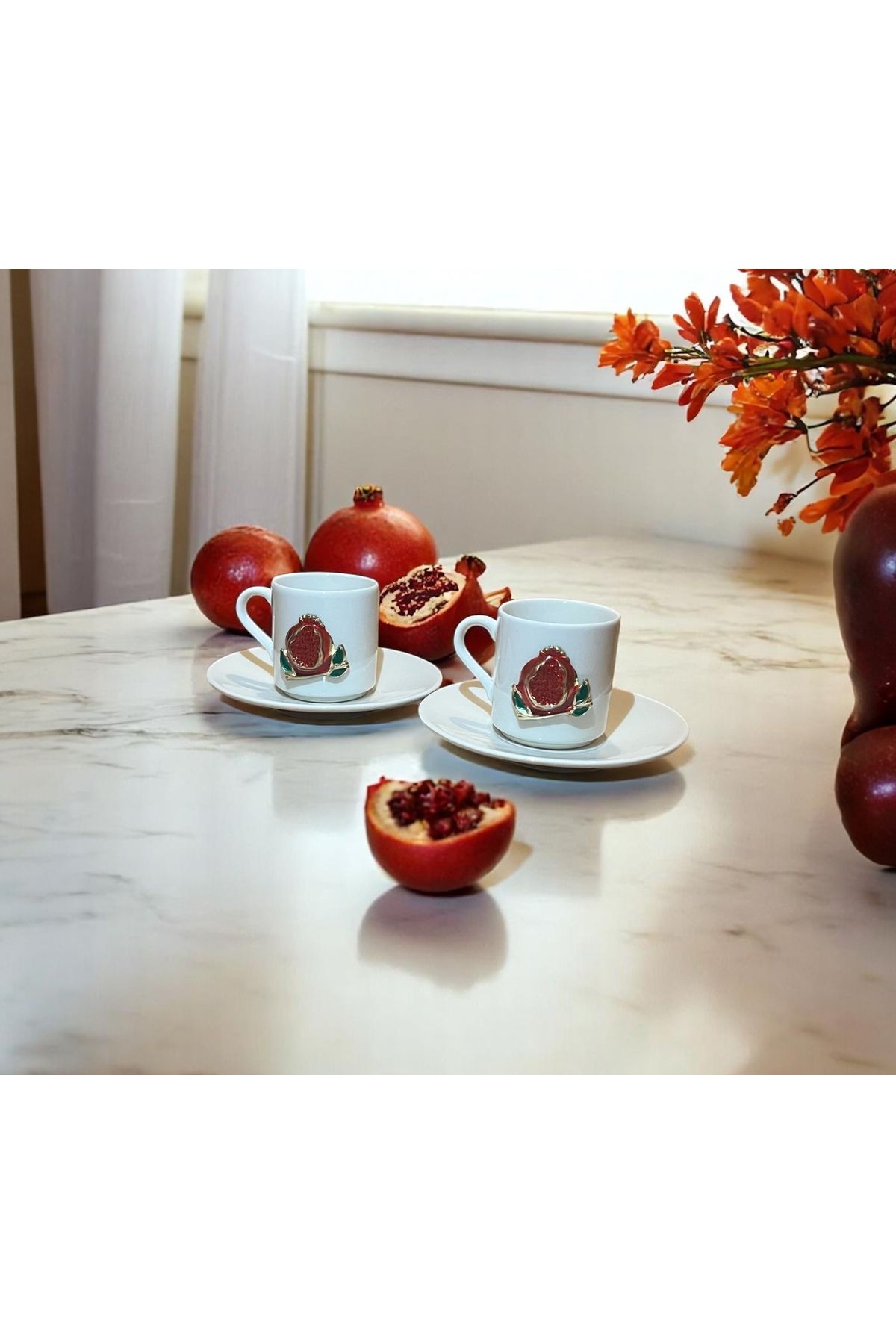 Giftorium Group Nar Motifli 4 Parça 2 Kişilik Porselen 2'li Fincan Takımı