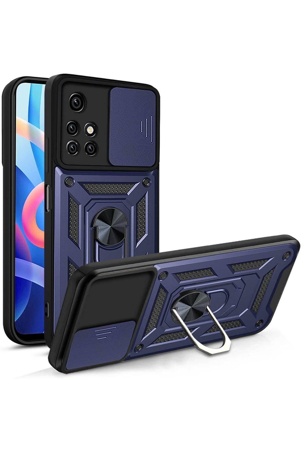 Rivor Xiaomi Redmi 10 2022 Uyumlu Kılıf Kamera Sürgülü Standlı Yüzüklü Darbe Emici Koruyucu Tank Kapak