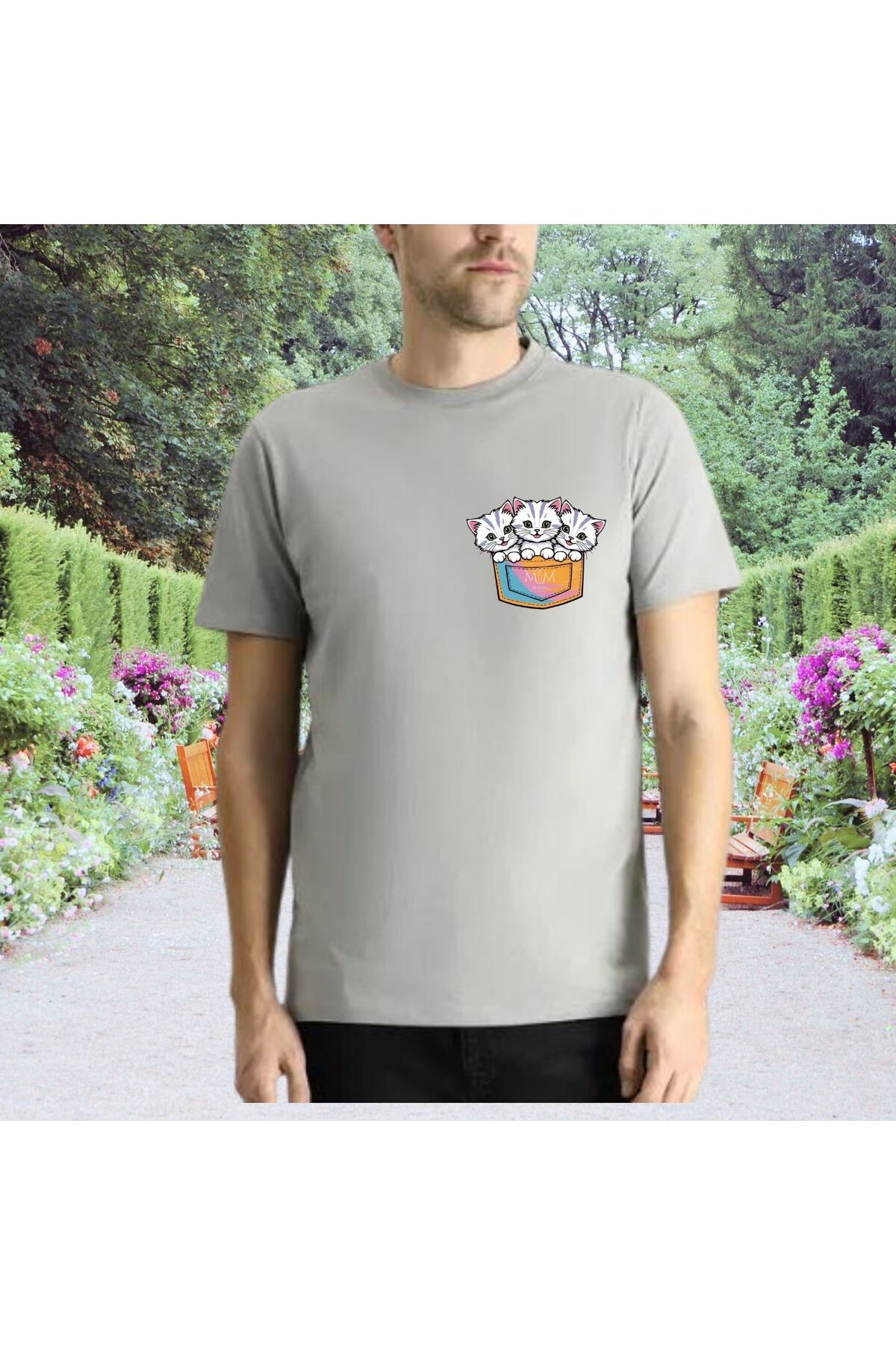Mi&Mu Store Süprem Unisex T-Shirt Bisiklet Yaka Küçük Sevimli Kediler Baskılı Regular Pamuk Basic T-Shirt