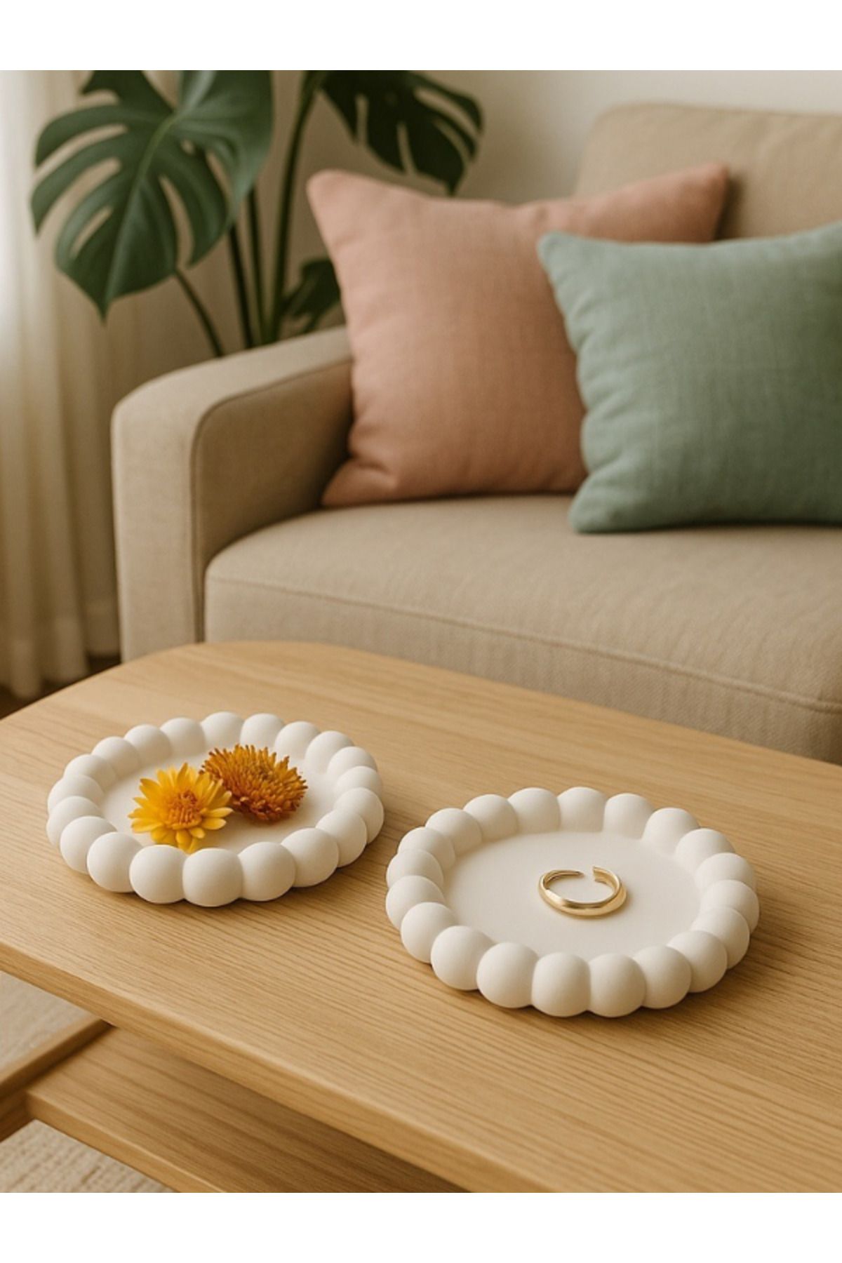 Ecomuse Home 2’li Bubble Dekoratif Tabak Seti – Boncuk Kenarlı Mini Sunum Tabakları