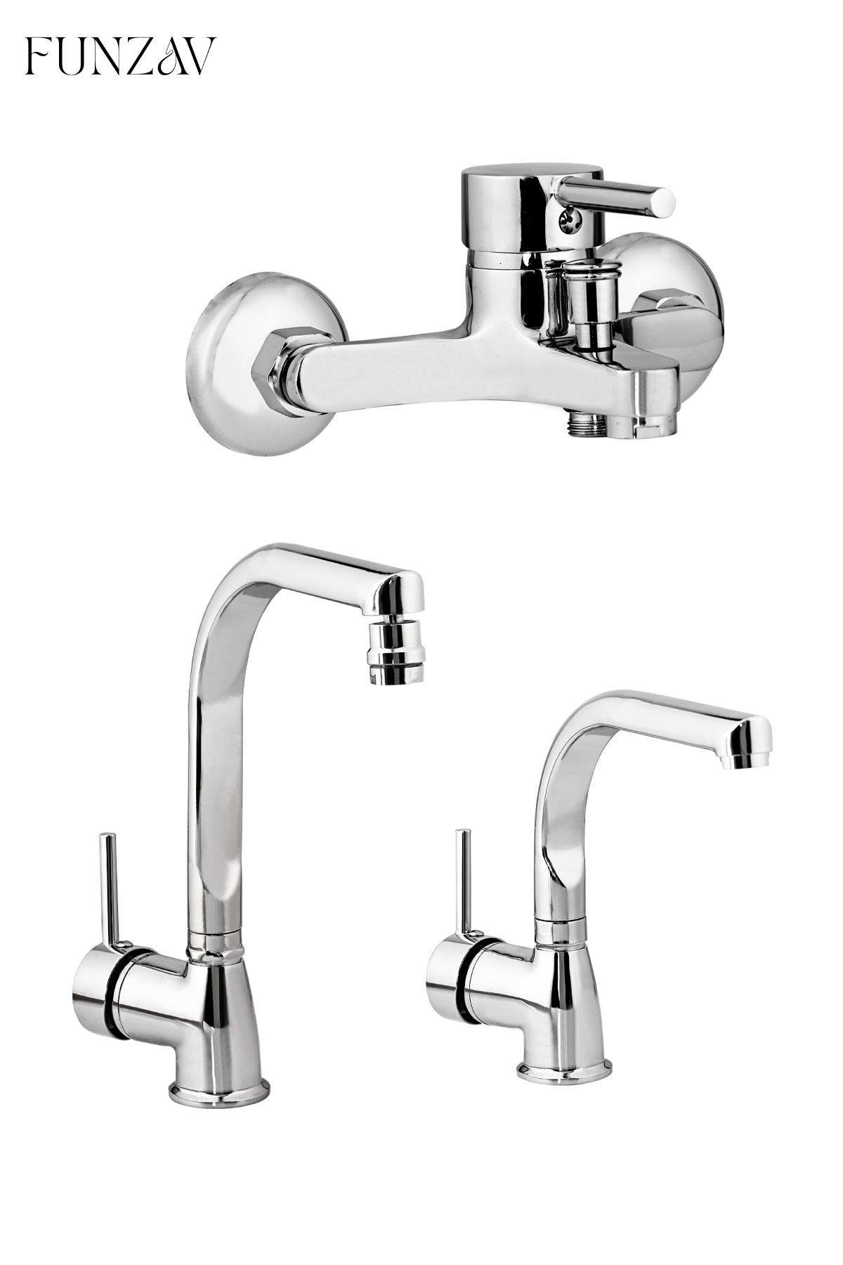 funzav Gümüş Banyo Mutfak Evye Lavabo Şık krom Set