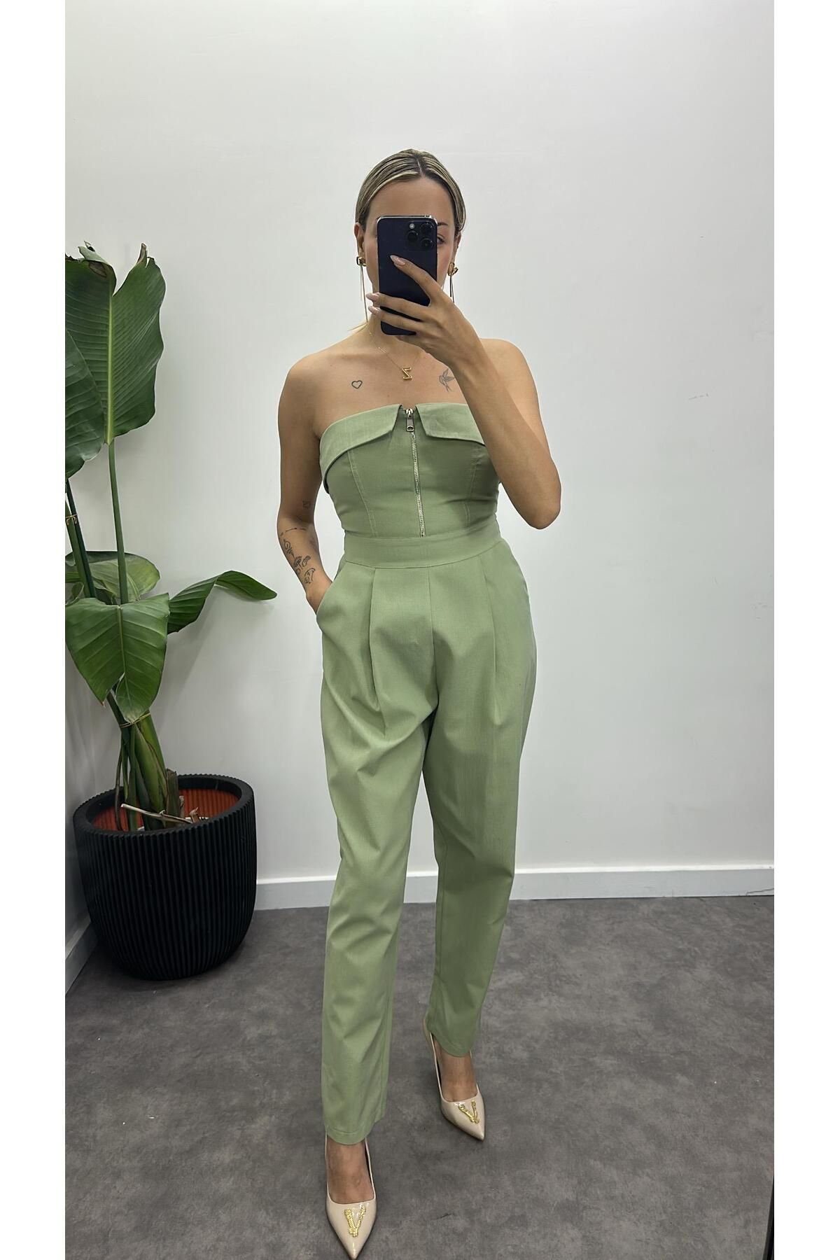 Acar Boutique Fermuarlı Straplez Keten Tulum