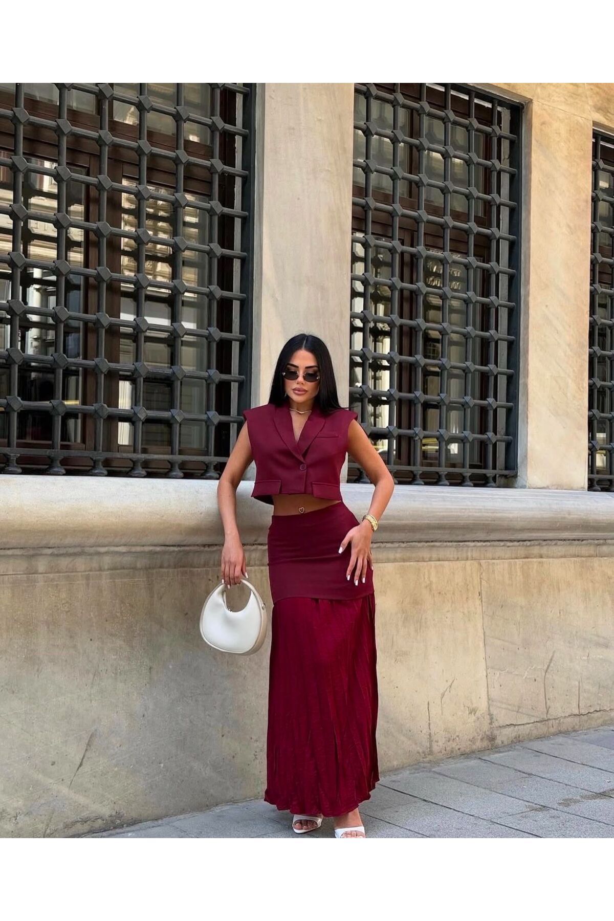 Merastyling PİLE DESENLİ ETEK YELEK TAKIM