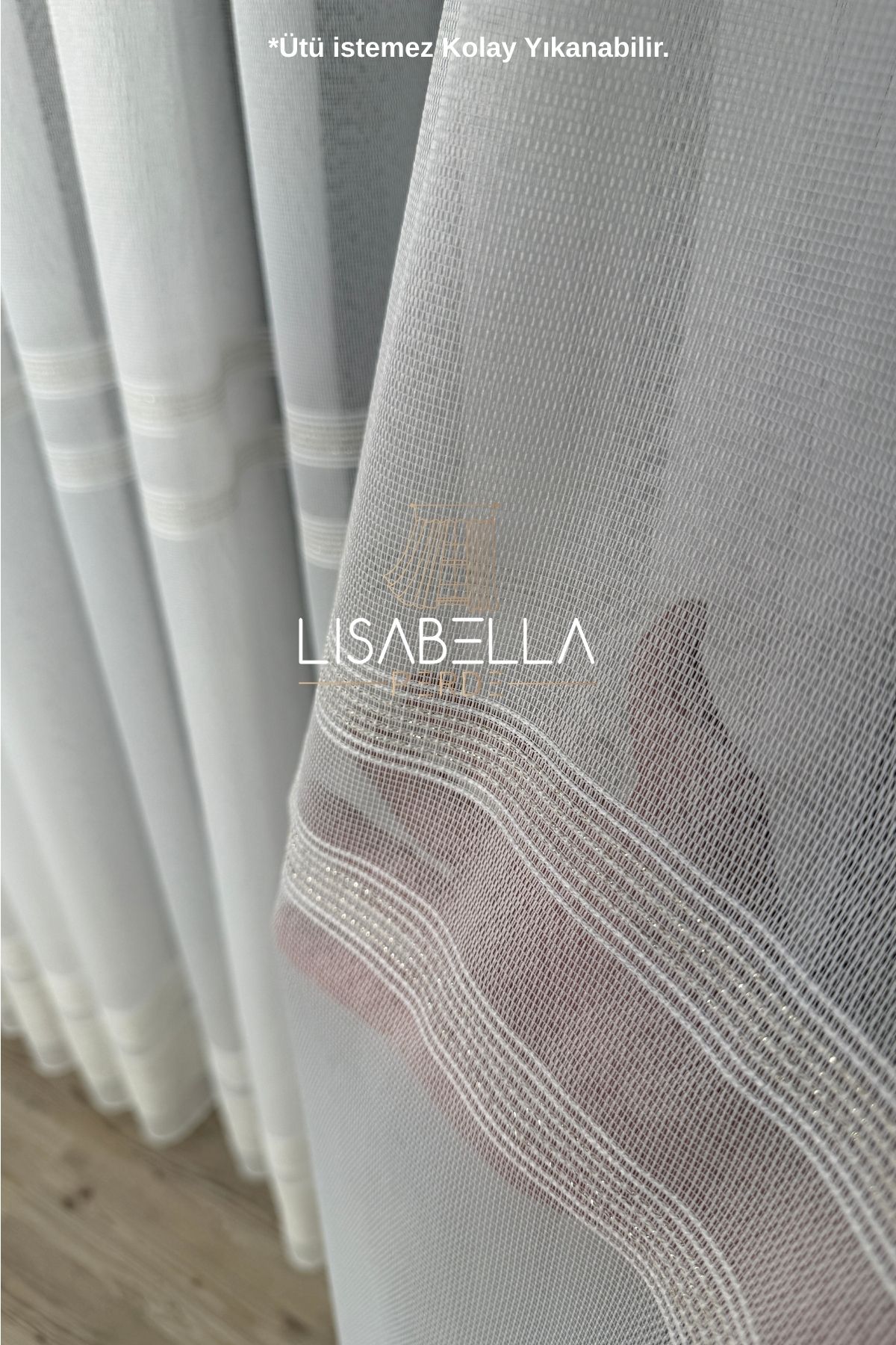 LisabellaHome NatureLux Ağır Gramajlı gold Renk Bantlı Tül Perde (1x2.5 Pile Dikişli) ütü istemez.