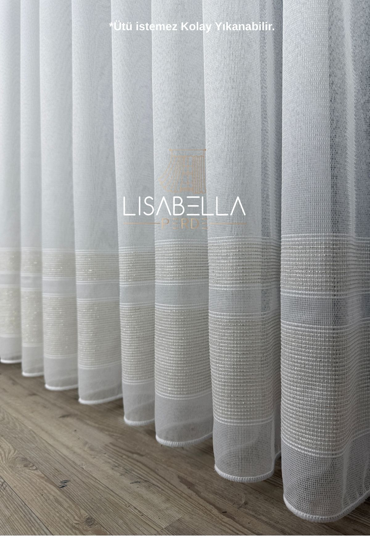 LisabellaHome NatureLux Ağır Gramajlı gold Renk Şeritli Tül (Pilesiz Düz Dikişli) ütü istemez.