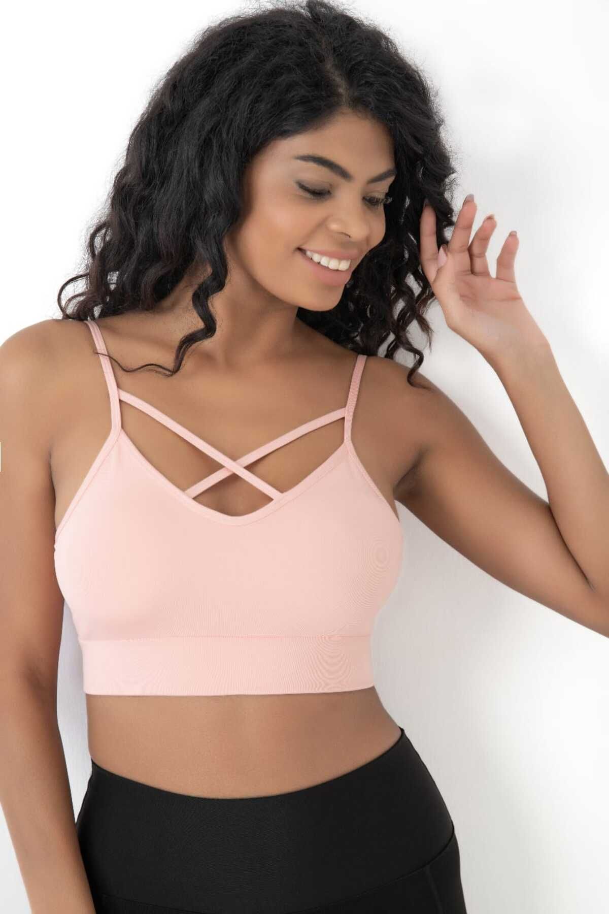 bazaar-turkey all you need Önü Çapraz Detaylı Spor Crop Büstiyer 5800 Pudra