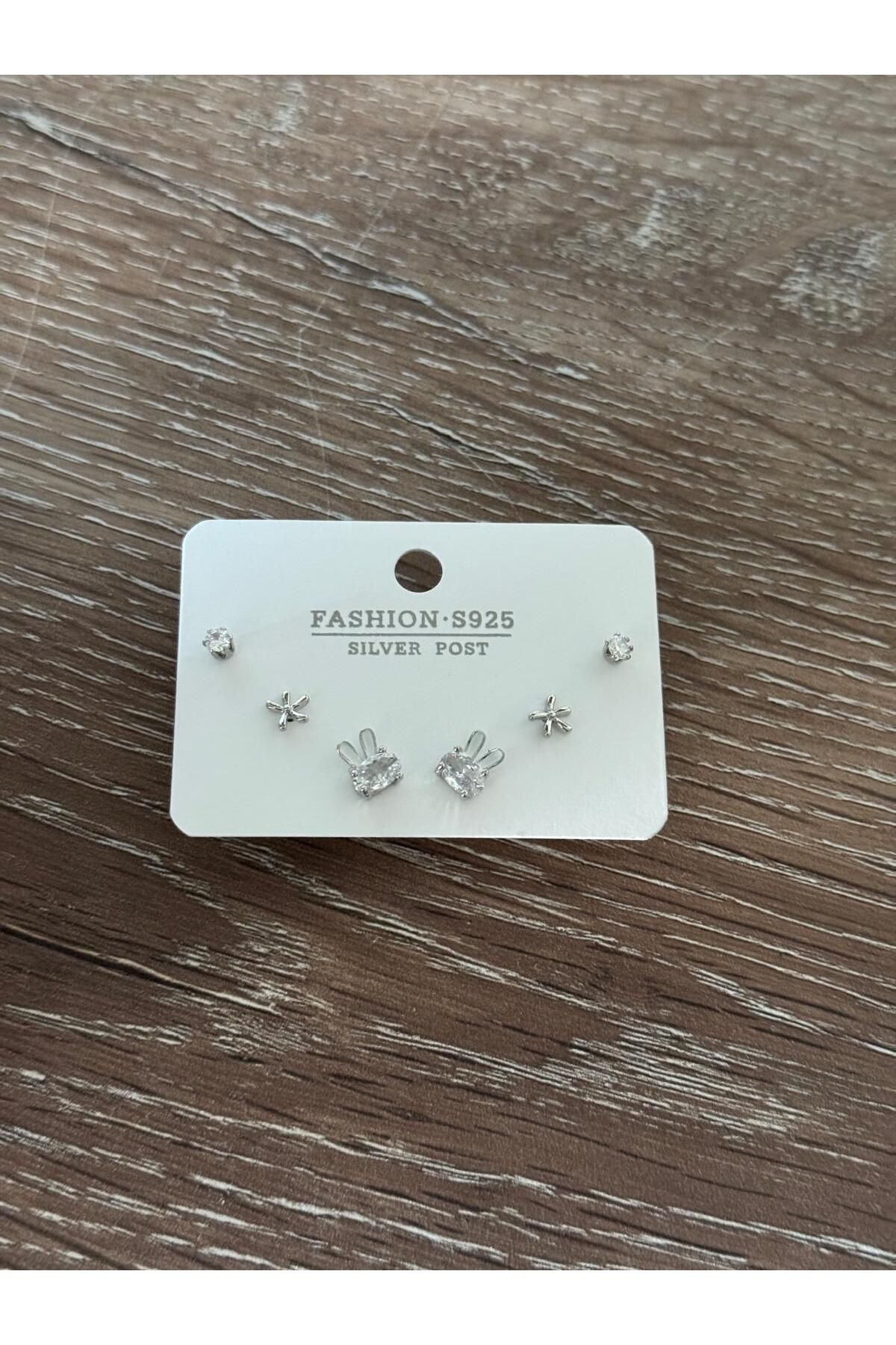 misstakıjewerly ÇELİK GÜMÜŞ RENK 6 LI TAŞLI ÖZEL TASARIM KÜPE SETİ
