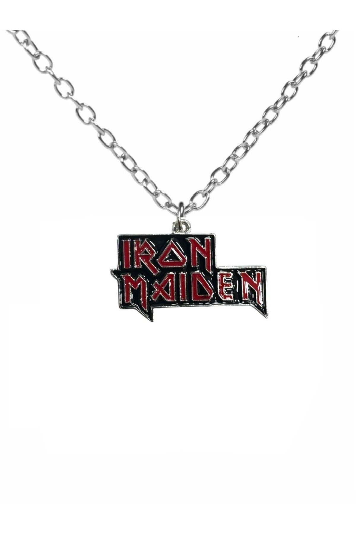 Herşey Nota Iron Maiden Kırmızı Metal Kolye – 60 cm Zincir | Unisex Rock & Metal Aksesuar