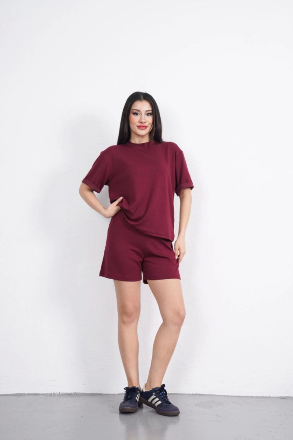 Albayrak Osy Modal Yumuşak Dokulu Kumaş Bisiklet Yaka T-shirt Kısa Şort İkili Takım - Bordo