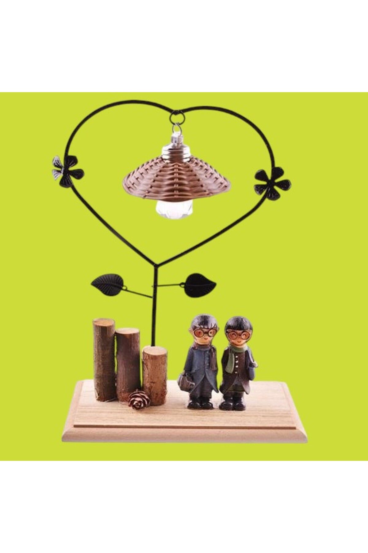 PratikAI Pilli Işıklı Romantik Çift Tema Büyük Boy Dekoratif Ahşap Biblo | Şık & Anlamlı