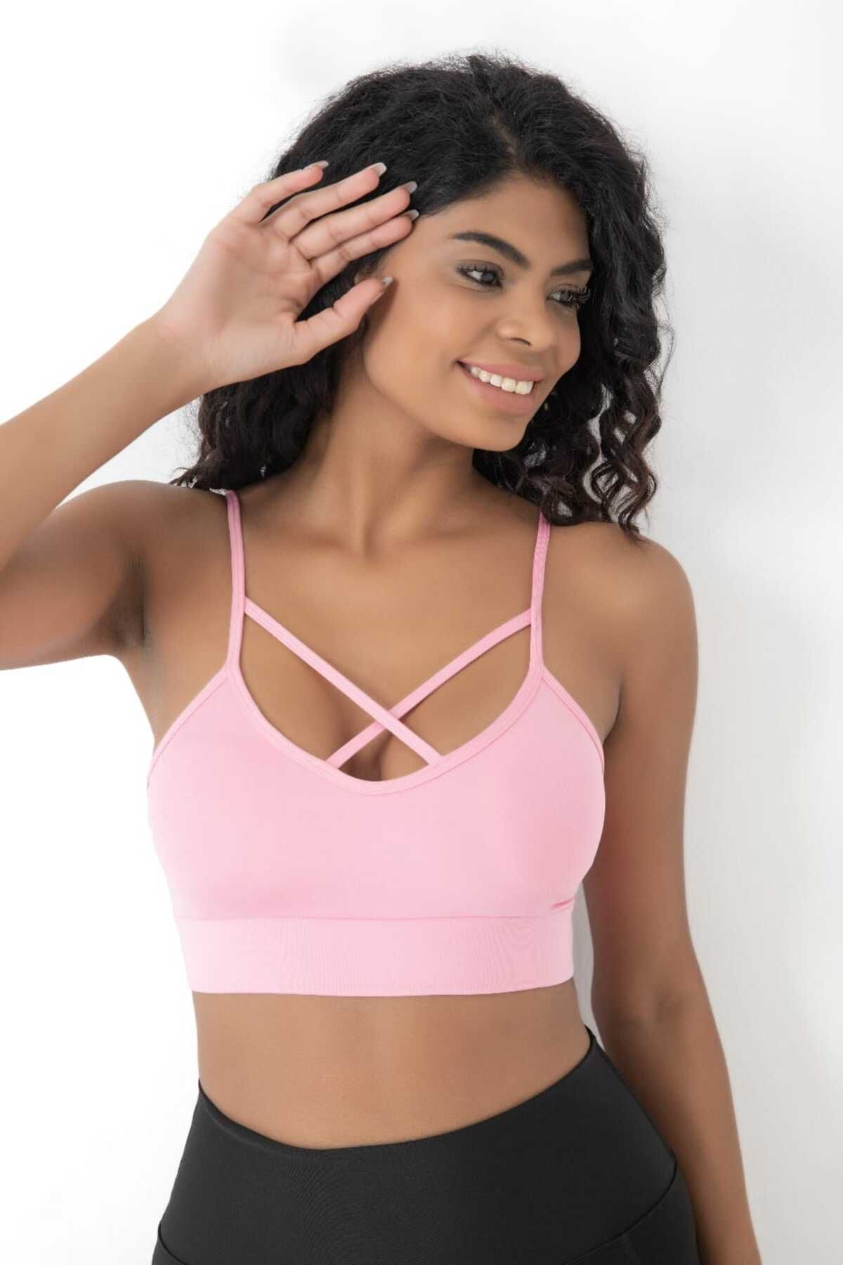 bazaar-turkey all you need Önü Çapraz Detaylı Spor Crop Büstiyer 5800 Pembe