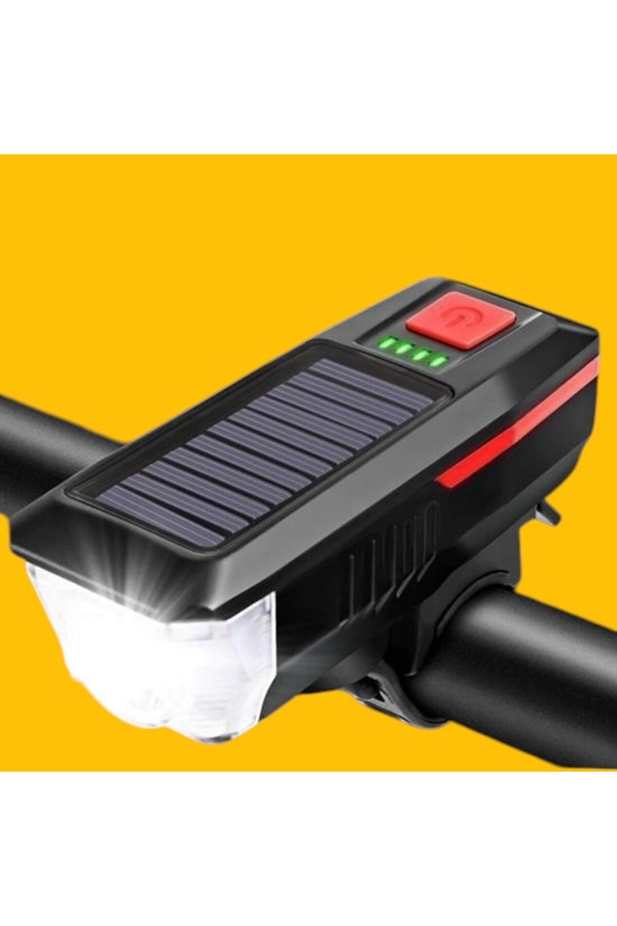 PratikAI Solar Enerjili USB Şarjlı Ledli Bisiklet Feneri | Kornalı & Su Geçirmez Siyah