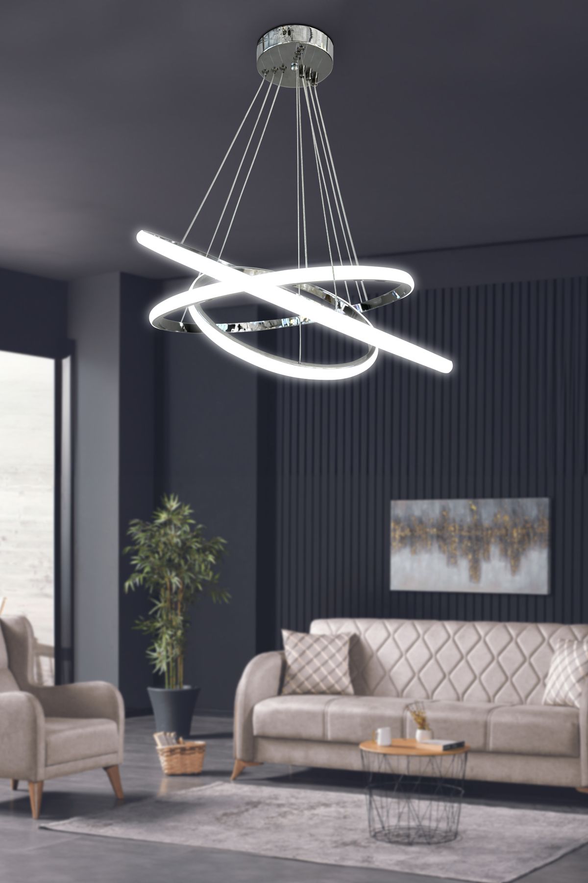 RSCOLLECTIONS 3'lü Çember Led Avize Beyaz Işık Krom