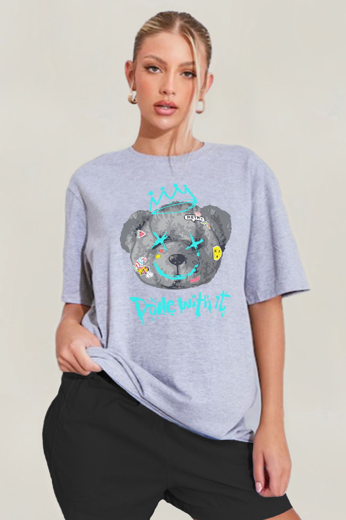 MODA Teddy Bear Baskılı Oversize Kalıp Grimelanj Geniş Bol Kesim Kadın Tişört