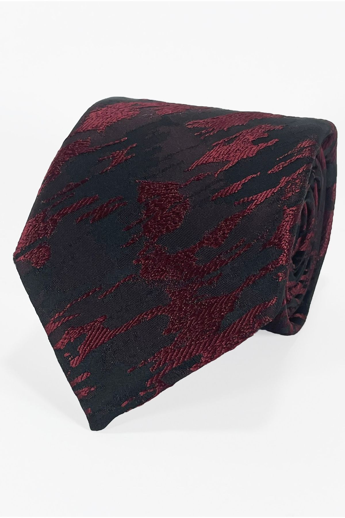 BLC Basic Line Co. Siyah Zemin Üzerine Bordo Fırça Desenli Mikrofiber Kravat ve Mendil Takımı - 7 cm Modern Kesim