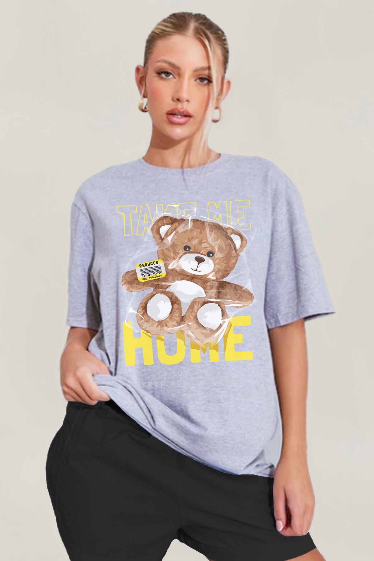 MODA Teddy Bear Take Me Home Baskılı Oversize Kalıp Grimelanj Geniş Bol Kesim Kadın Tişört
