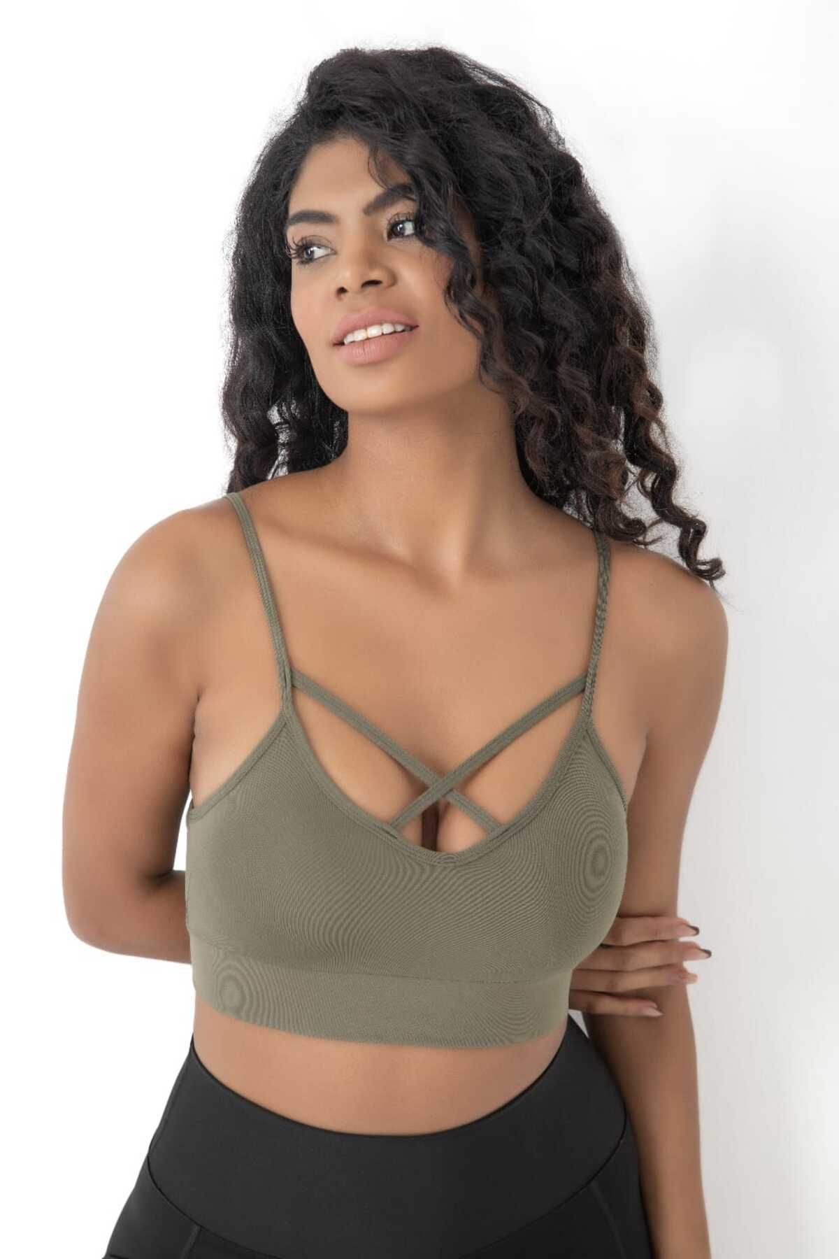 bazaar-turkey all you need Önü Çapraz Detaylı Spor Crop Büstiyer 5800 Haki