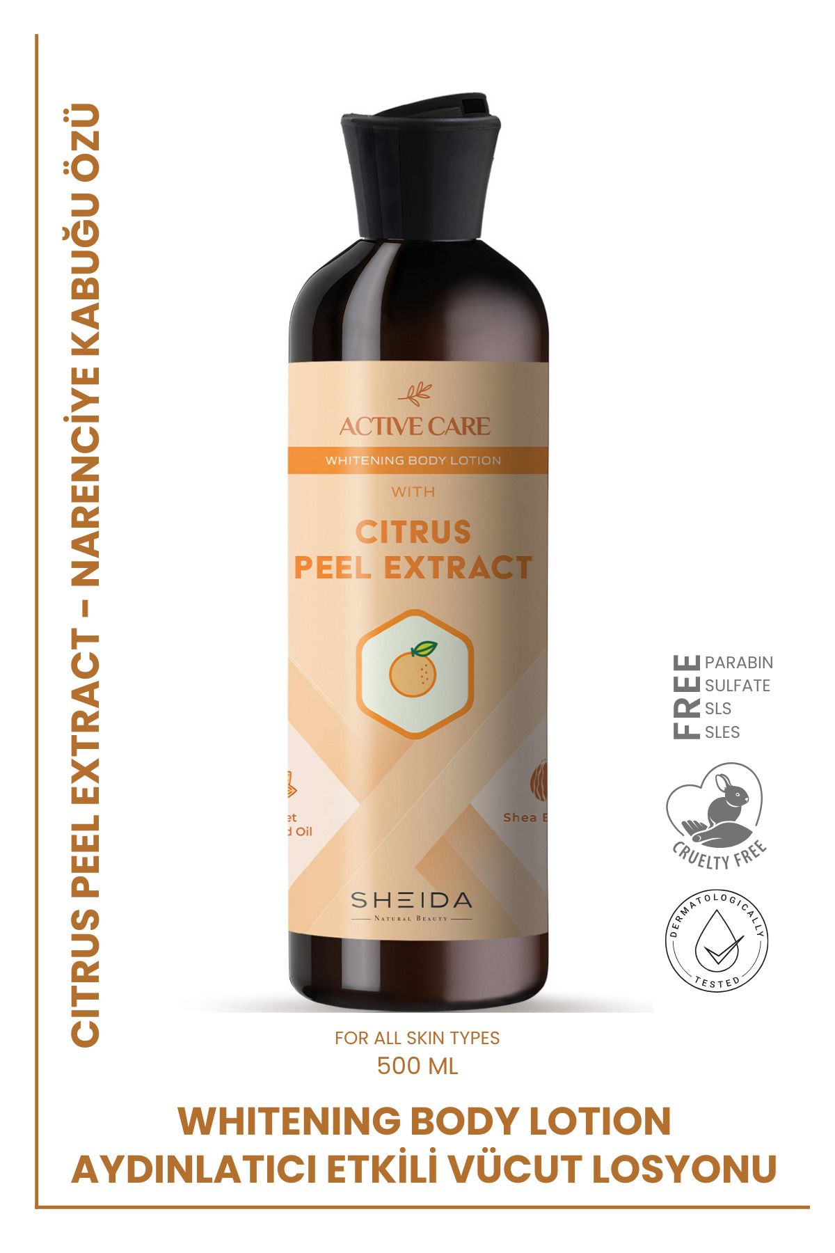 Sheida Active Care Aydınlatıcı & Nemlendirici Vücut Losyonu 500 ml – Narenciye Kabuğu Özlü
