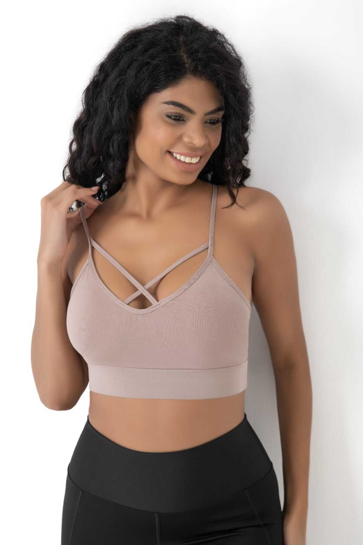 bazaar-turkey all you need Önü Çapraz Detaylı Spor Crop Büstiyer 5800 Vizon