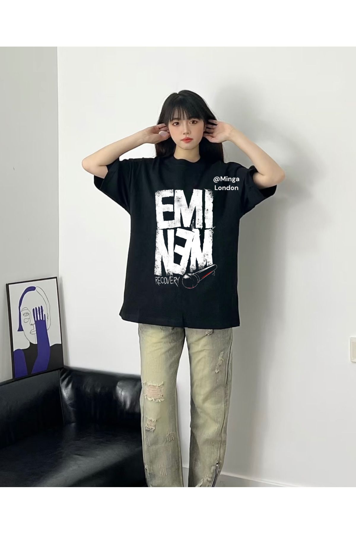 Minga London Siyah Eminem Microphone Baskılı Oversize Tshirt -Minga London
