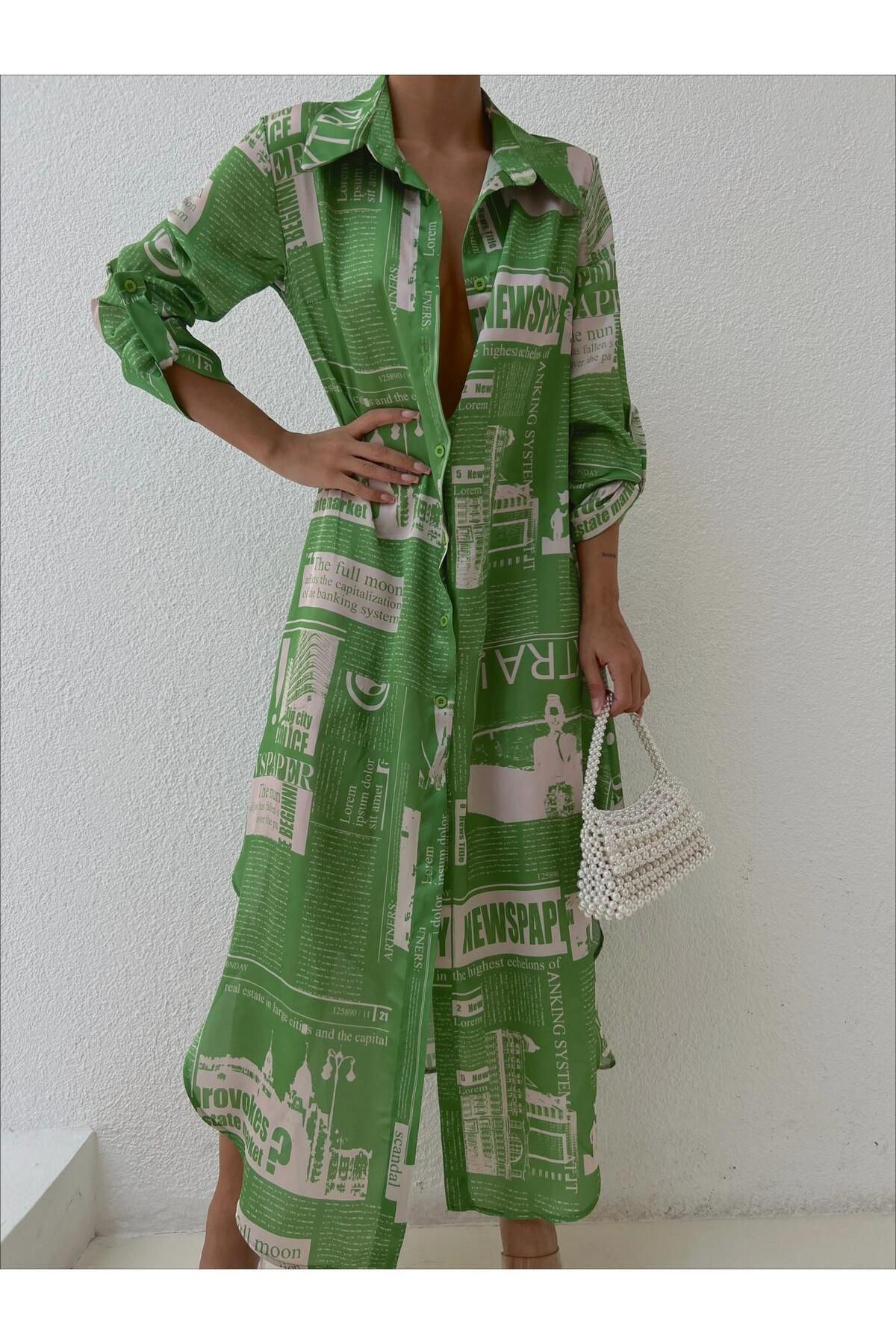 mass fashion Kadın Saten Şifon Desenli Gömlek Elbise