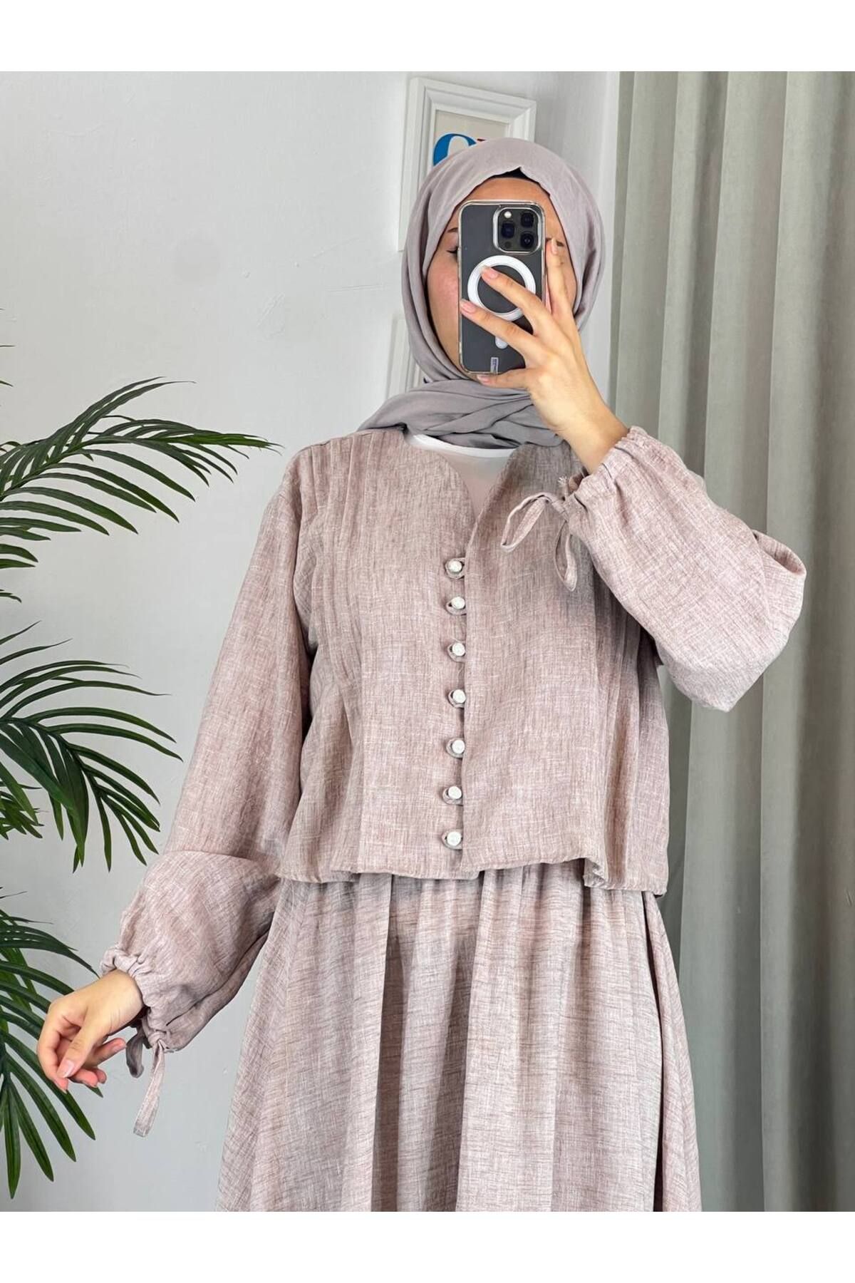 Esre Store 2240 - Keten Kumaş Tesettür İkili Takım Bej