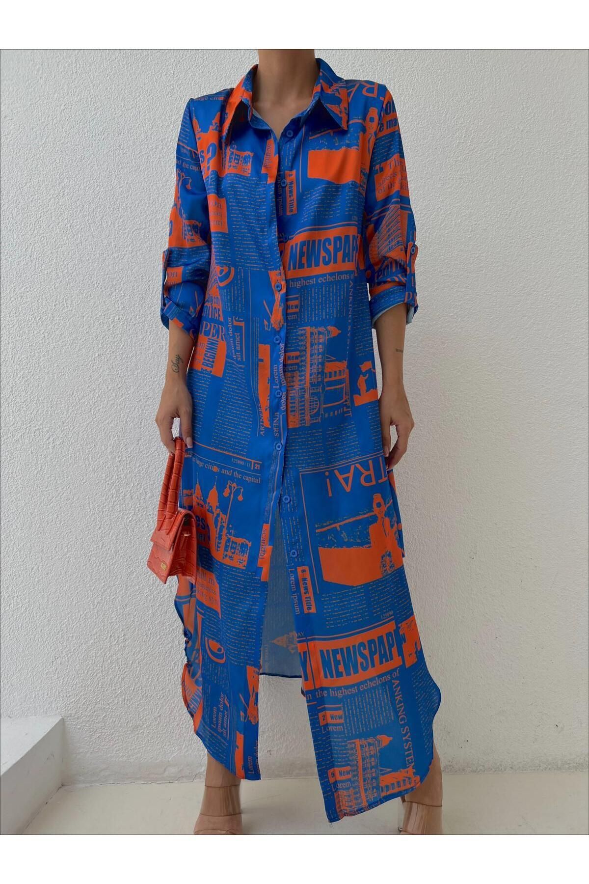 mass fashion Kadın Saten Şifon Desenli Gömlek Elbise