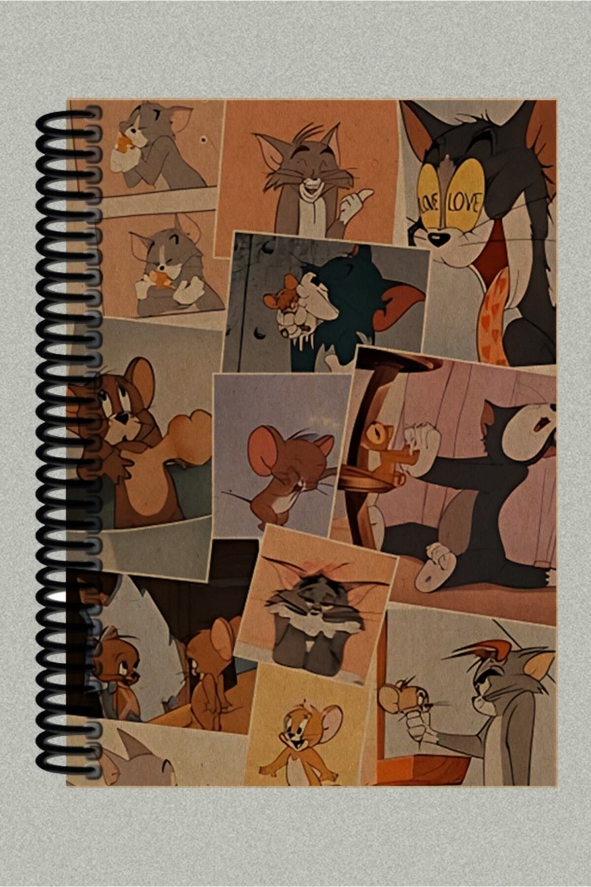 Ludios Tom ve Jerry Kolaj Tasarımlı Spiralli A5 Çizgisiz Kraft Kapaklı Defter (200 Sayfa)