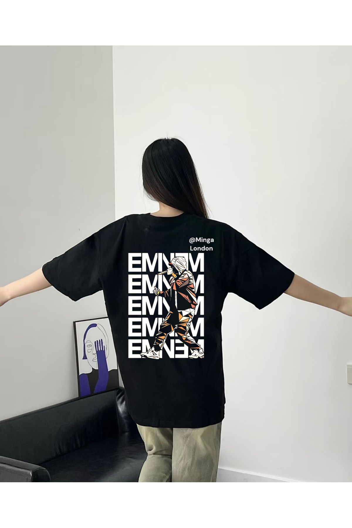 Minga London Siyah Eminem Sırt Baskılı Oversize Tshirt -Minga London