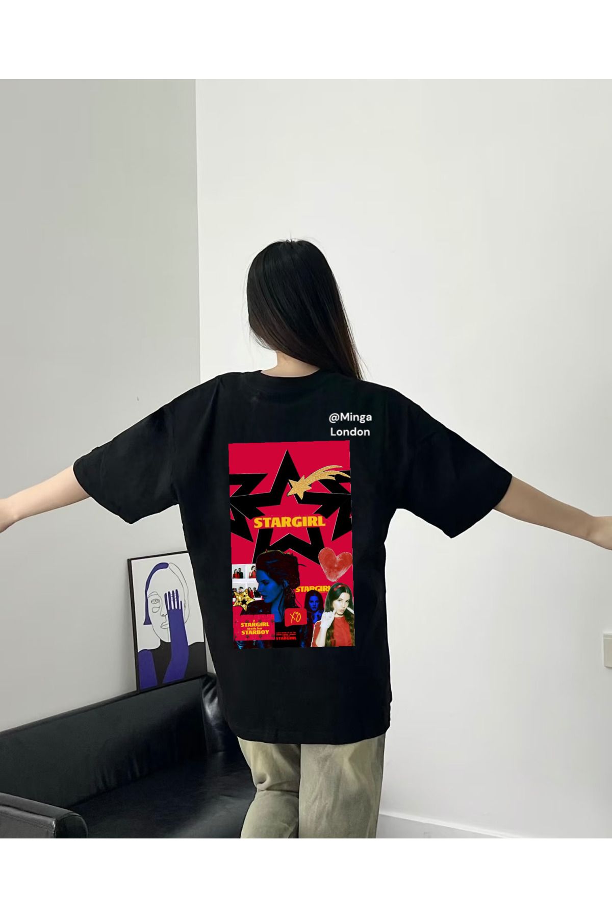 Minga London Siyah Lana Del Rey Star Girl Sırt Baskılı Oversize Tshirt -Minga London