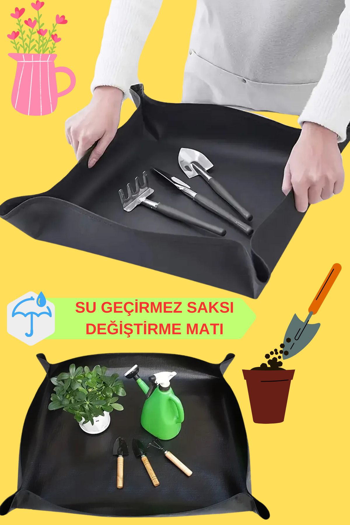 KAŞIKBEY Bitki Yetiştirme Su Geçirmez Çiçek Toprağı Saksı Değiştirme Örtüsü Bahçe Matı 80×80 cm
