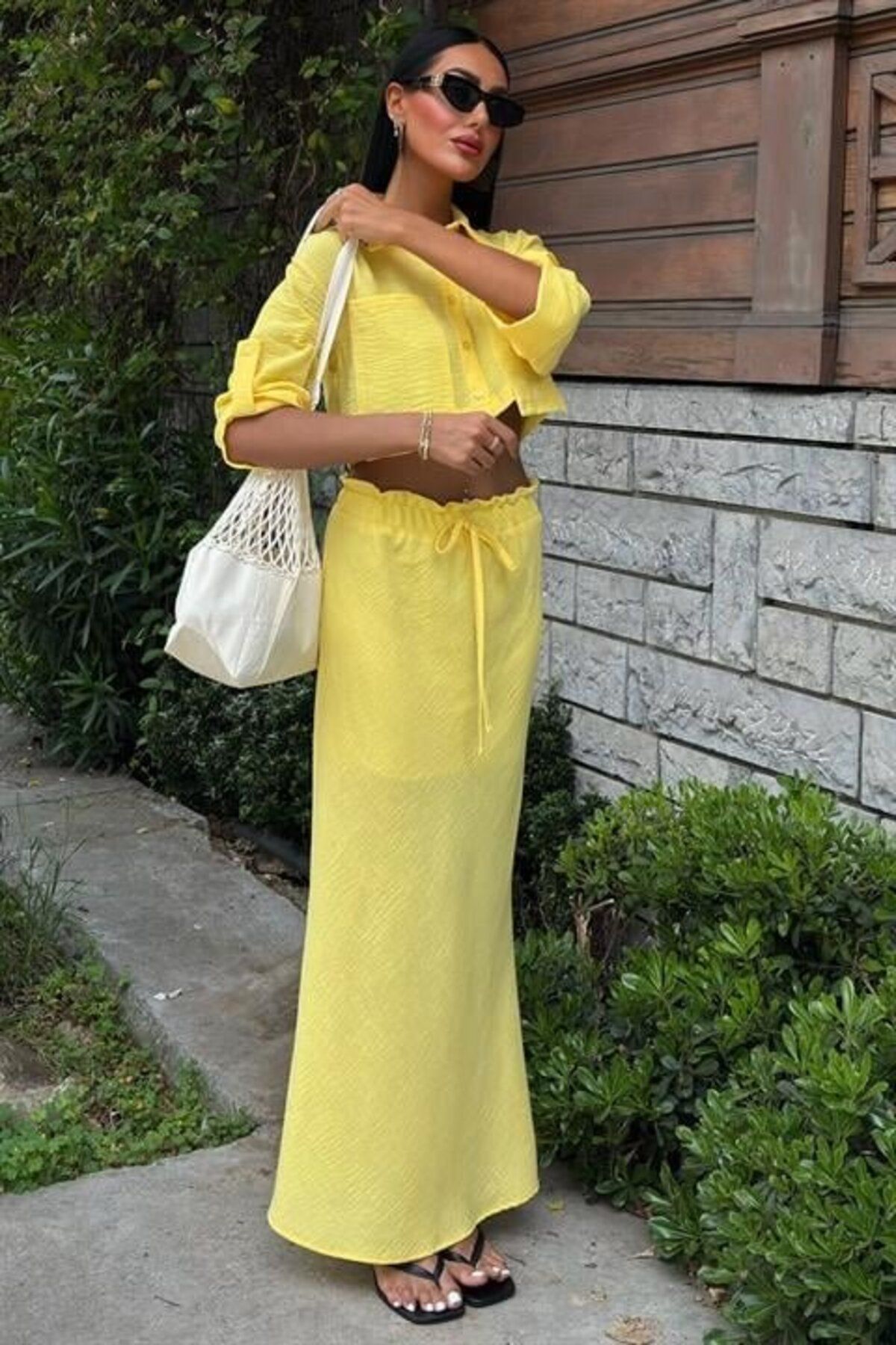 ASFSTORE Crop Gömlekli Ve Eteği Büzgülü Tasarım Takım 10201
