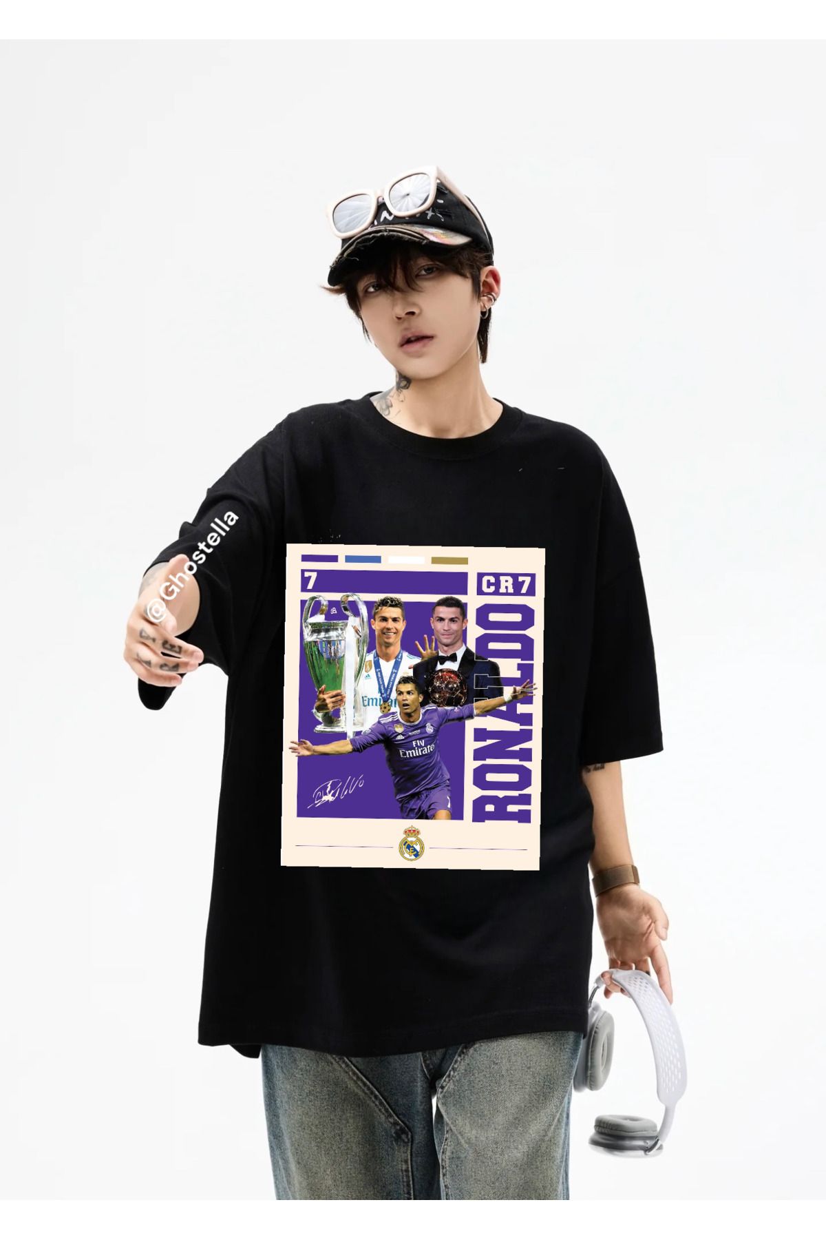 Minga London Siyah Cr7 Ronaldo Baskılı Oversize Unisex Tshirt -Ghostella