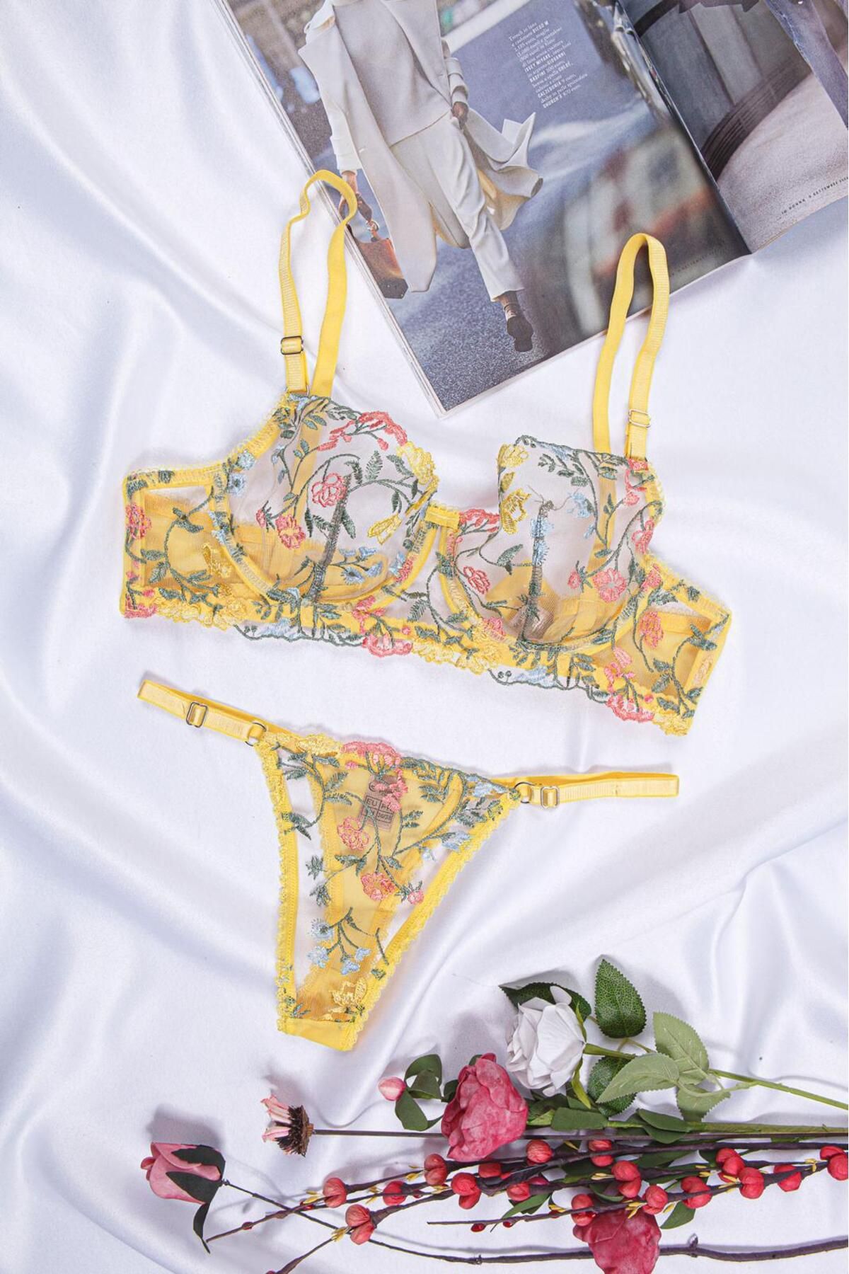 GMDPstore Çift Renk Nakışlı Dantelli B Kap Brode Sütyen-Tanga Takımı