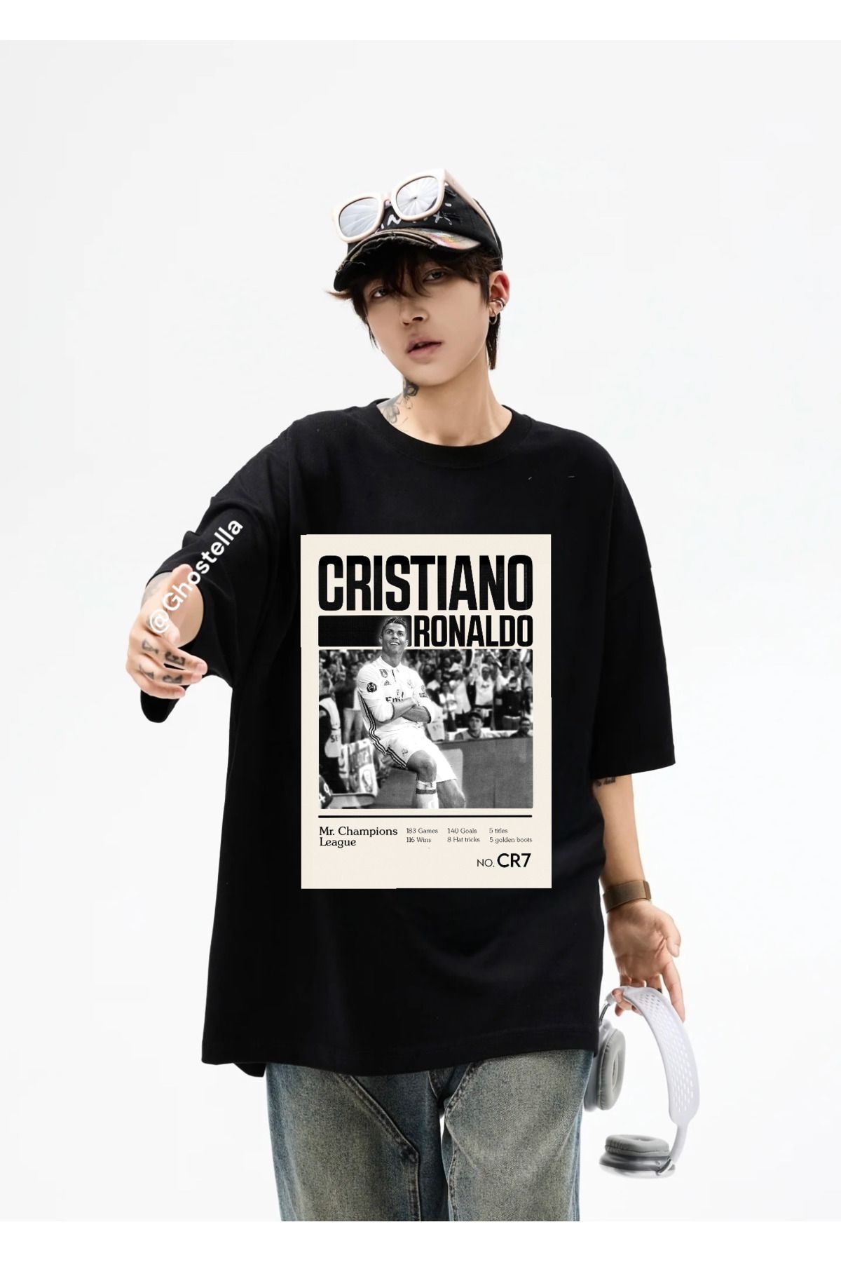 Minga London Siyah CRISTIANO RONALDO Baskılı Oversize Unisex Tshirt -Ghostella