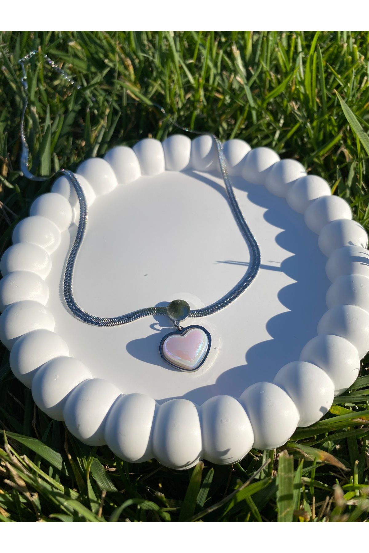 asem jewelry SEDEFLİ KALP GÜMÜŞ RENKLİ ÇELİK KOLYE