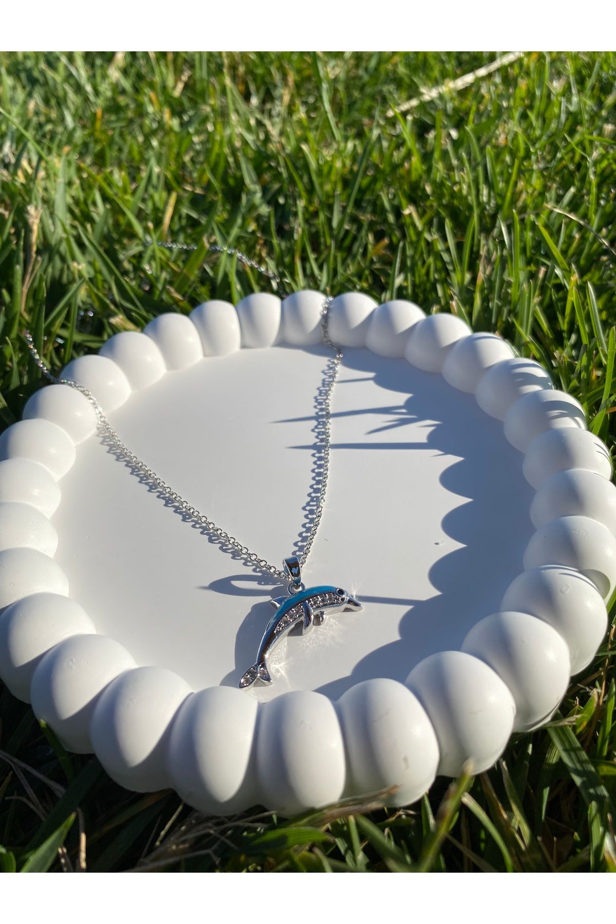 asem jewelry TURKUAZ DETAYLI GÜMÜŞ RENK YUNUS BALIĞI ÇELİK KOLYE